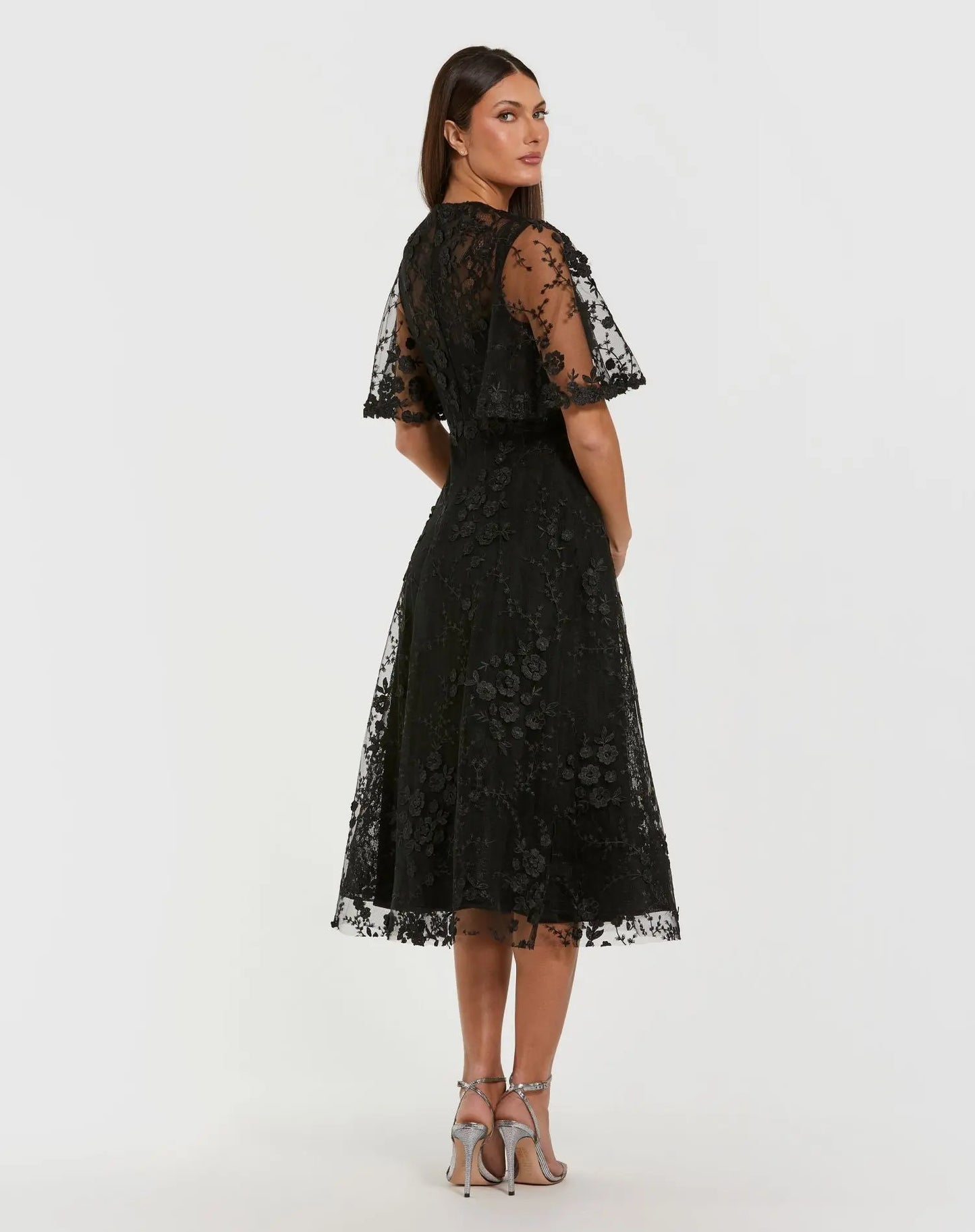 Floral Embroidered Mesh Midi Dress with Flutter Sleeves