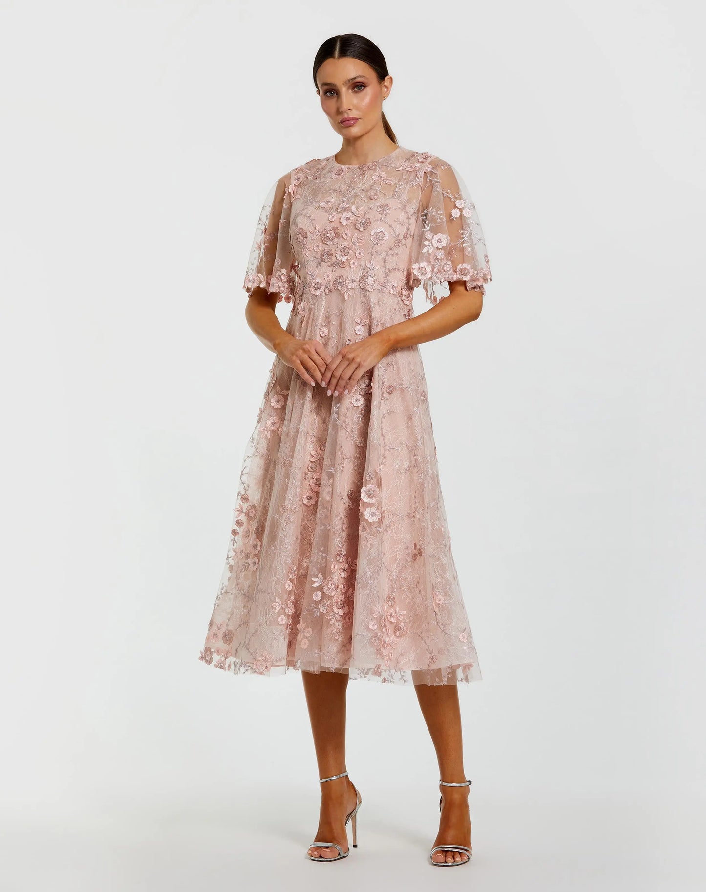 Pink Flutter Sleeve Embroidered Midi Dress Mac Duggal