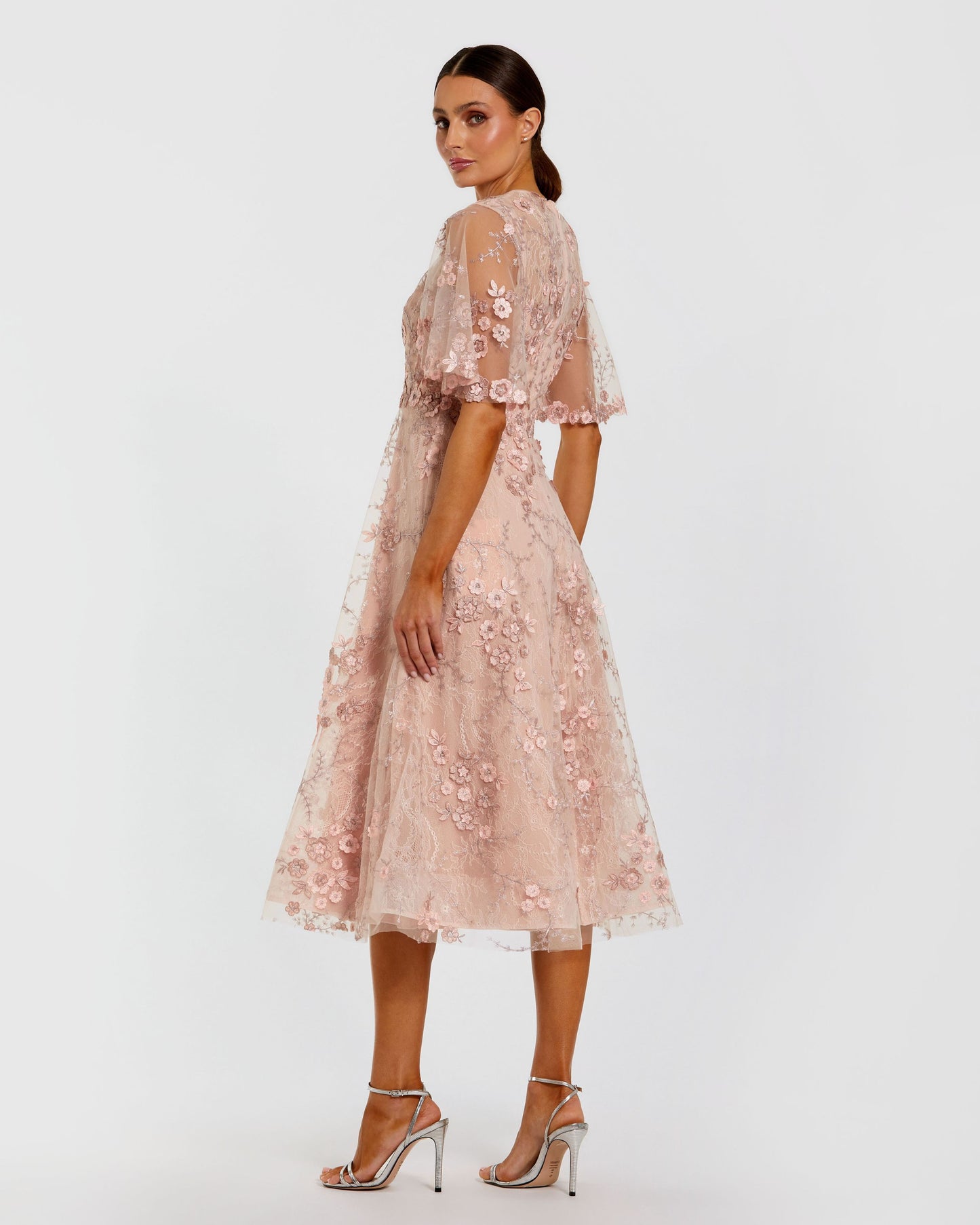 Pink Flutter Sleeve Embroidered Midi Dress Mac Duggal