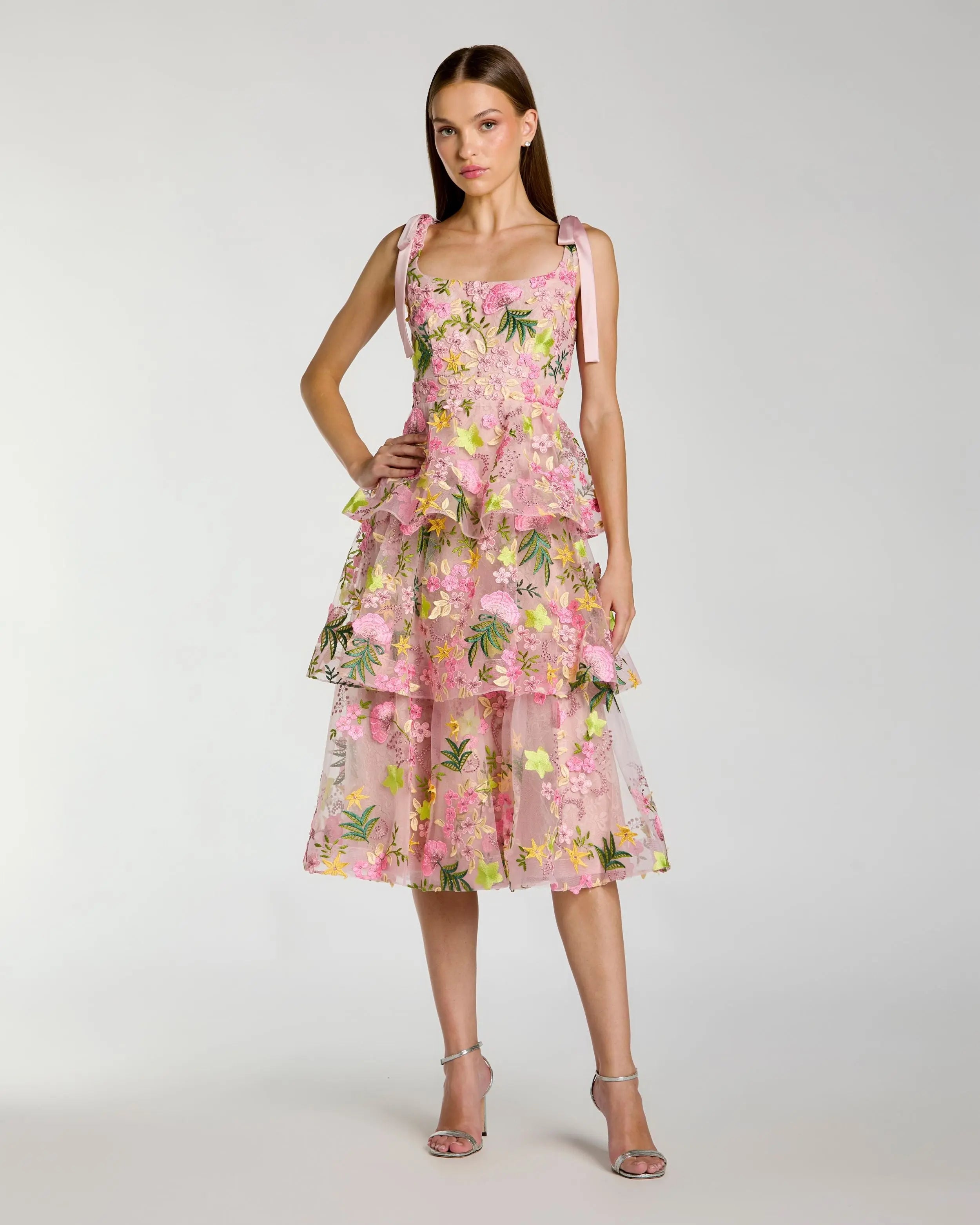 Pink Floral Embroidered Tiered Midi Dress Pink Floral Embroidered Tiered Midi Dress