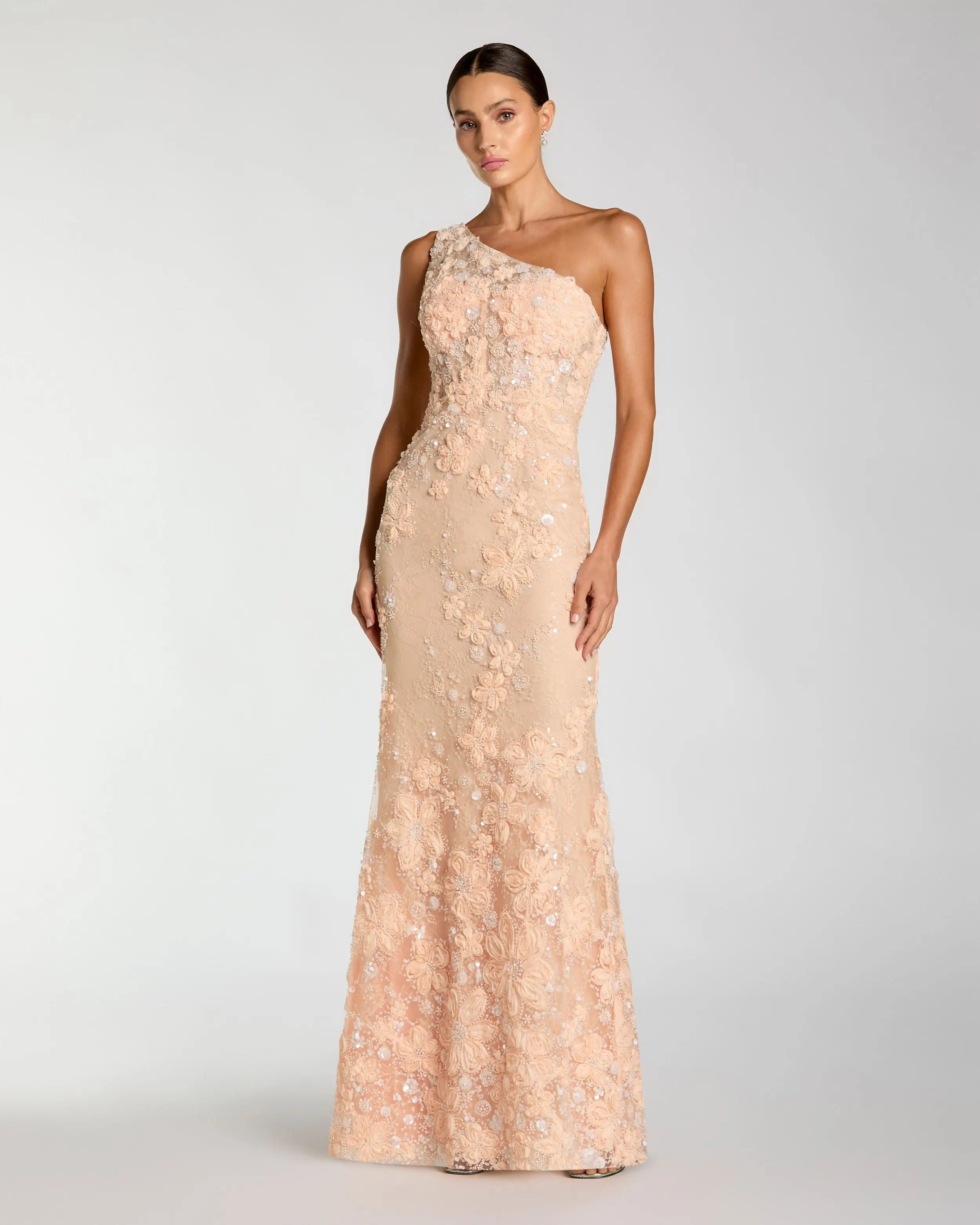 peach gold dress Moledro Peach And Muted Gold Floral Applique Soft Net Draped Dress Fabilicious Fashion