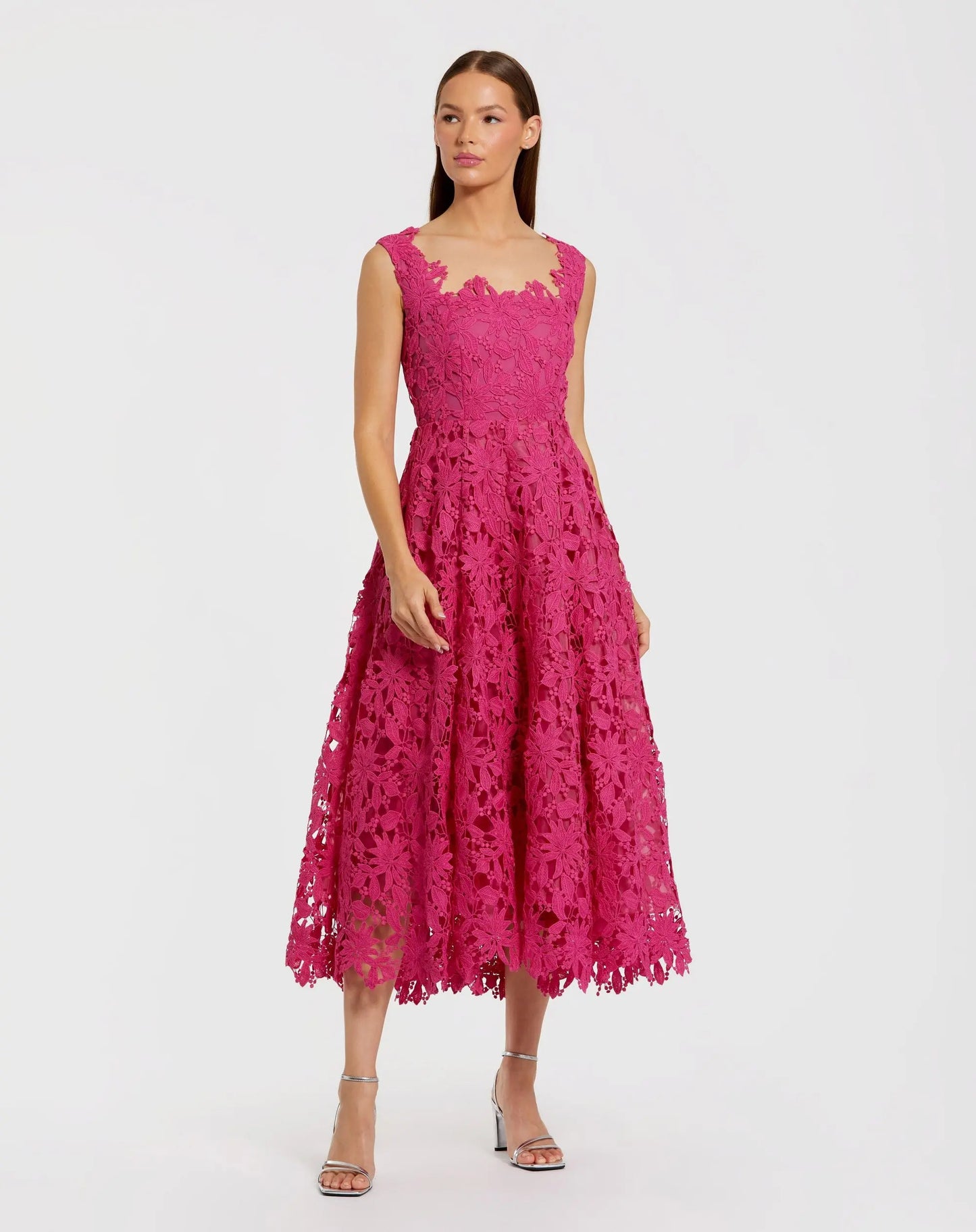 Pink Sleeveless Embroidered Lace A Line Midi Dress - Ieena for Mac Duggal
