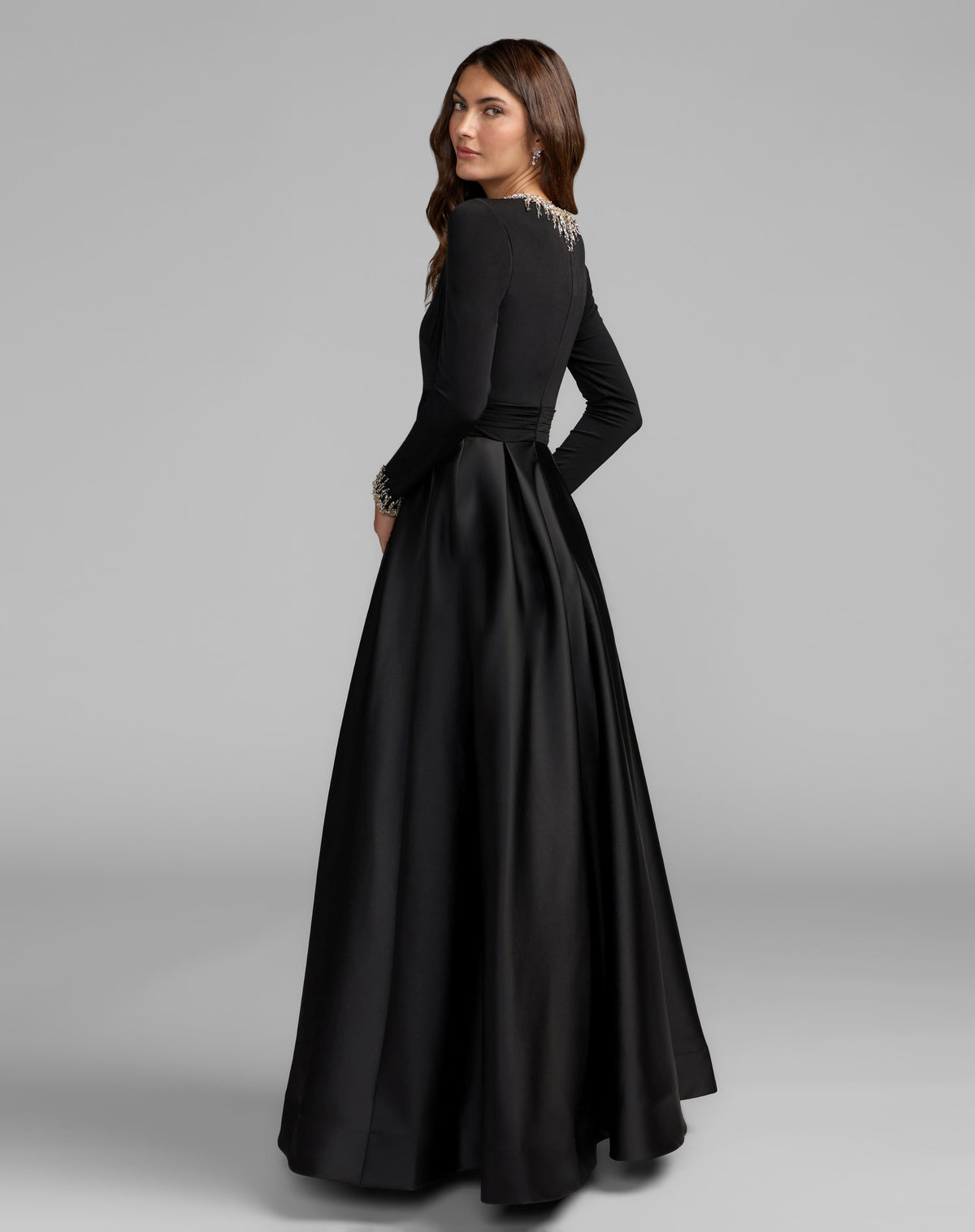 Black Jersey and Satin Long Sleeve A-Line Gown - Ieena for Mac Duggal