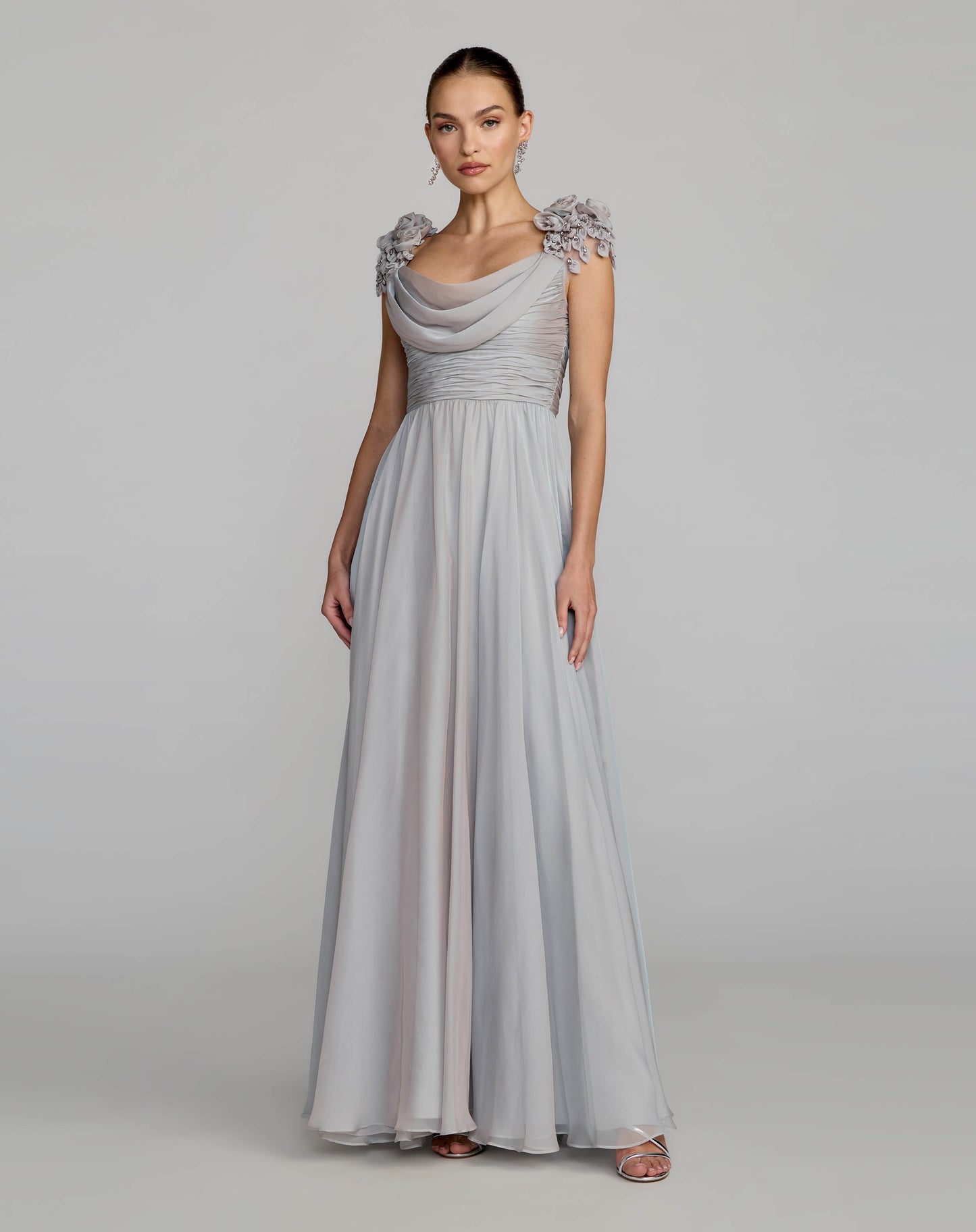 Gray Chiffon Cowl Neck Embellished Cap Sleeve Gown - Mac Duggal