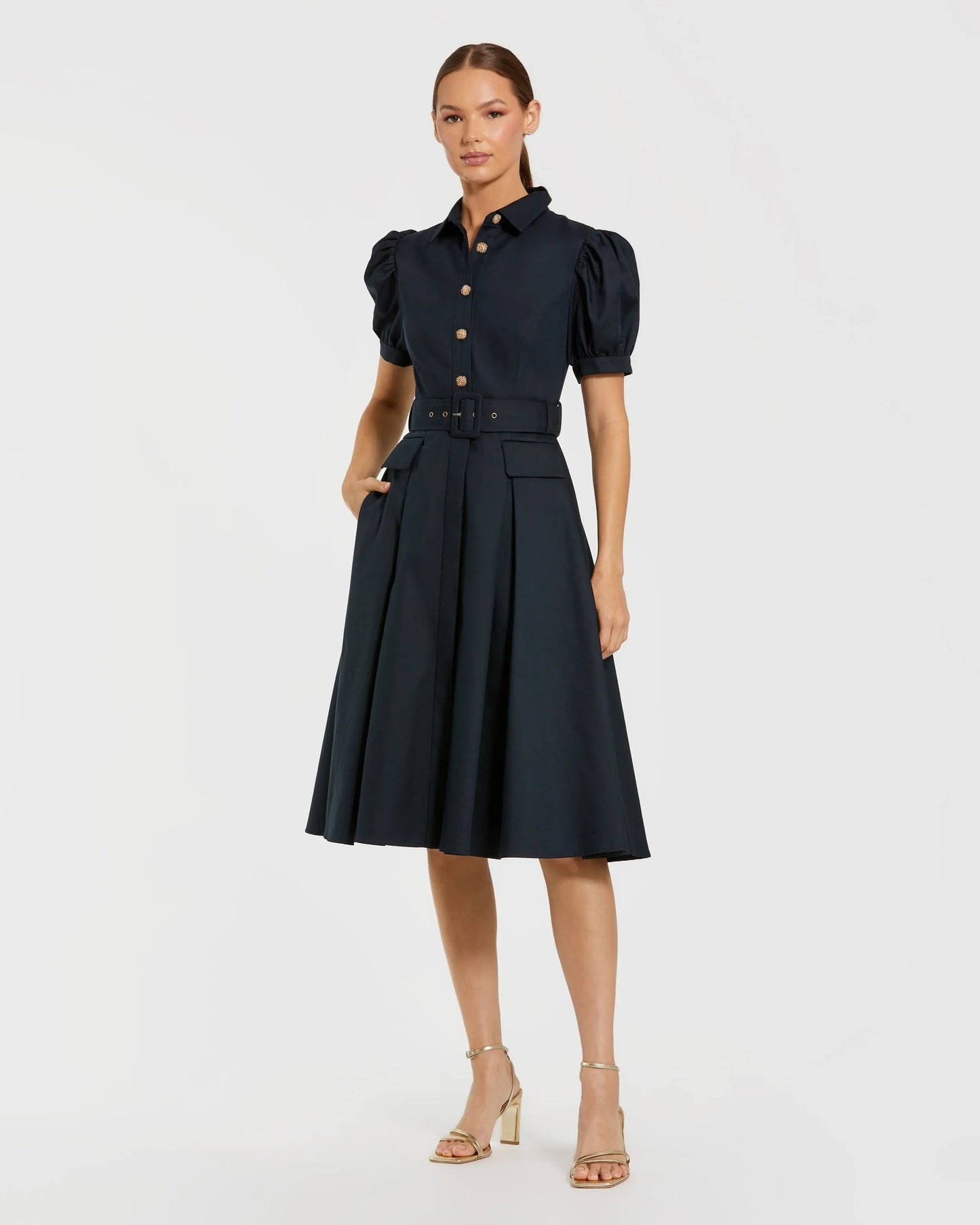 Navy Puff Sleeve Belted Midi Shirt Dress Ieena for Mac Duggal