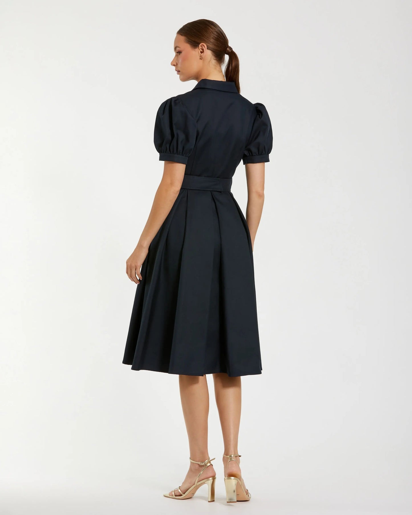 Navy Puff Sleeve Belted Midi Shirt Dress Ieena for Mac Duggal