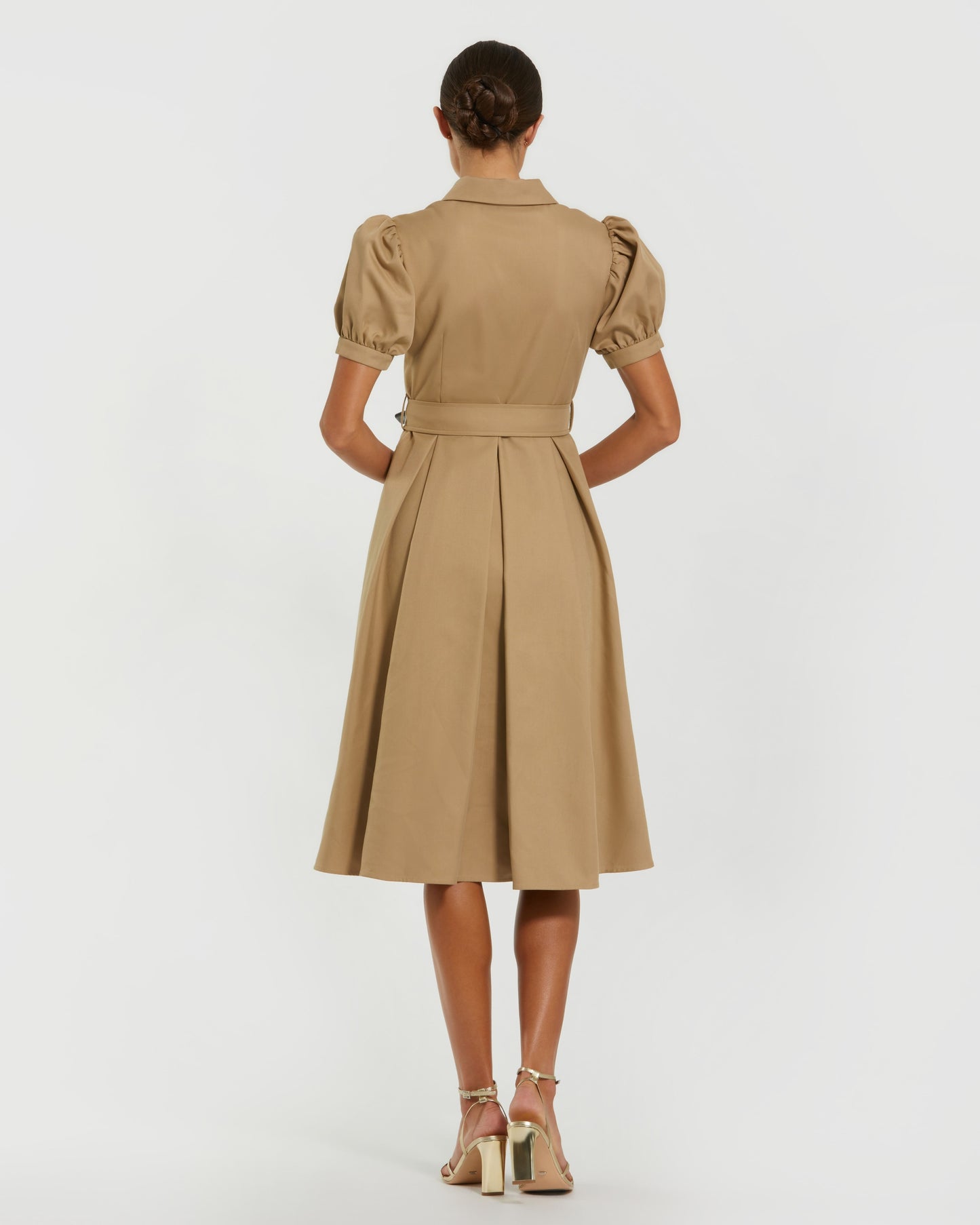 Puff Sleeve Twill Button Up Midi Dress With Belt Ieena for Mac Duggal