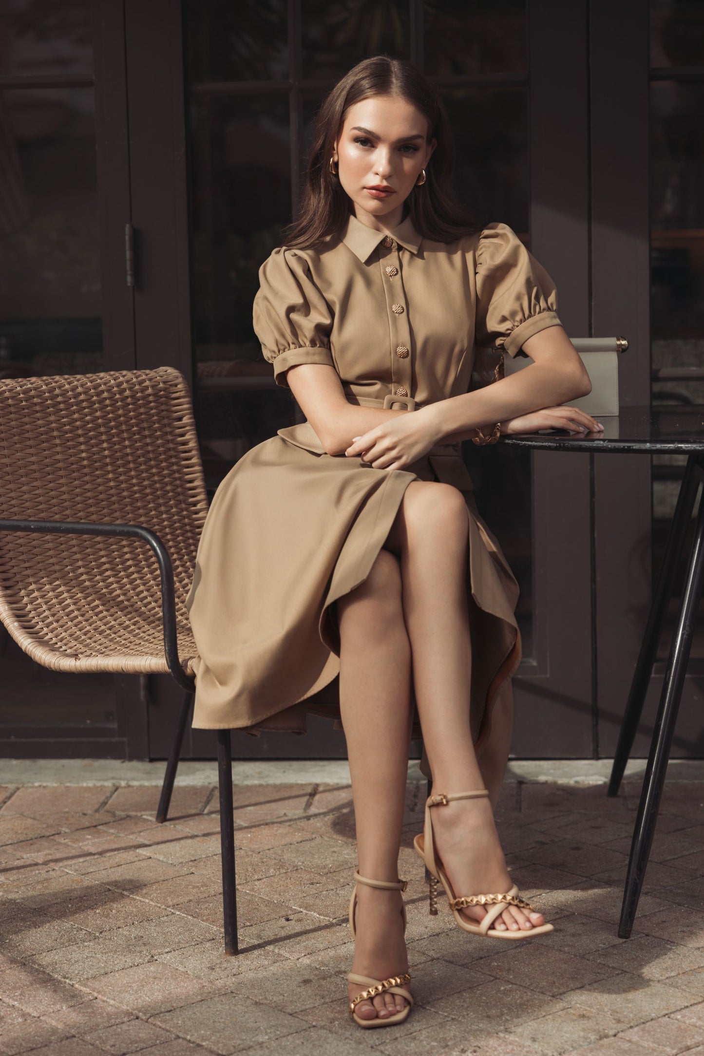 Beige Puff Sleeve Belted Midi Shirt Dress
