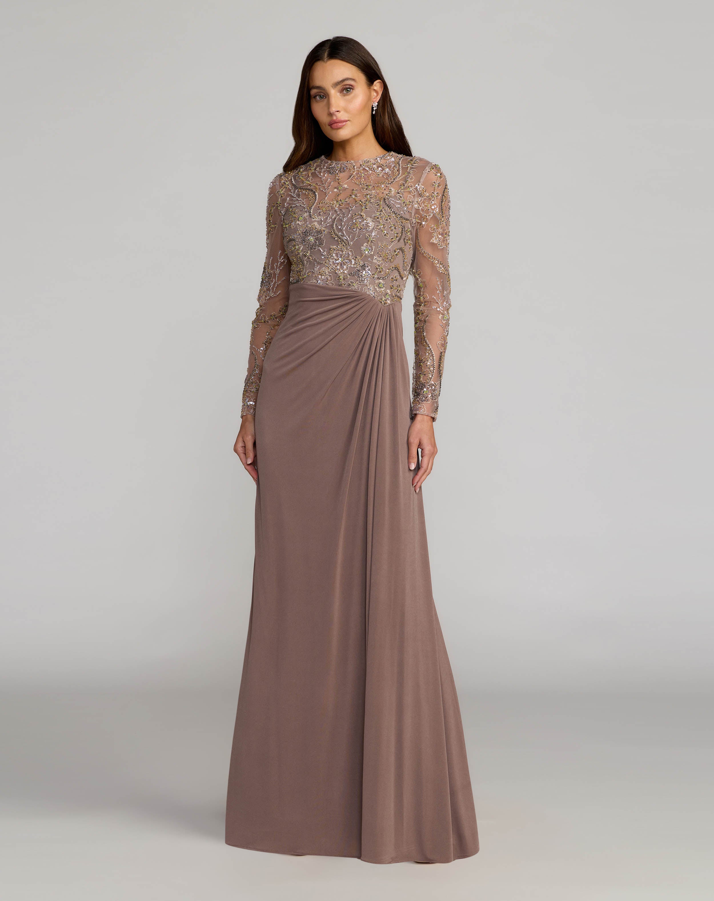 Brown Embroidered Illusion Long Sleeve Draped Gown