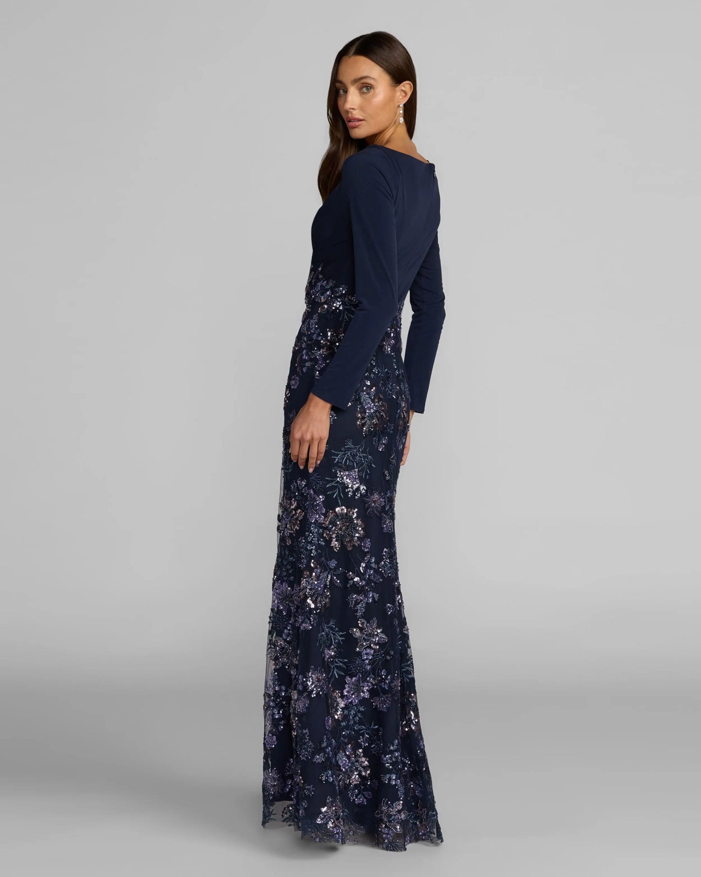Navy Floral Embroidered Jersey Long Sleeve Gown Mac Duggal
