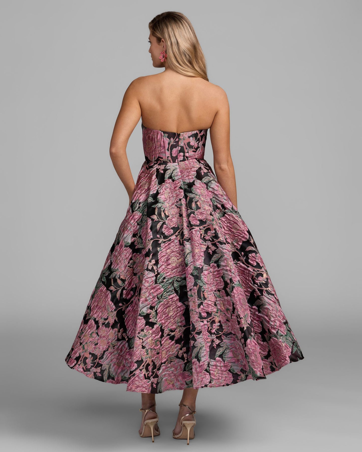 Pink And Black Strapless Brocade Midi Dress With Pockets Mac Duggal