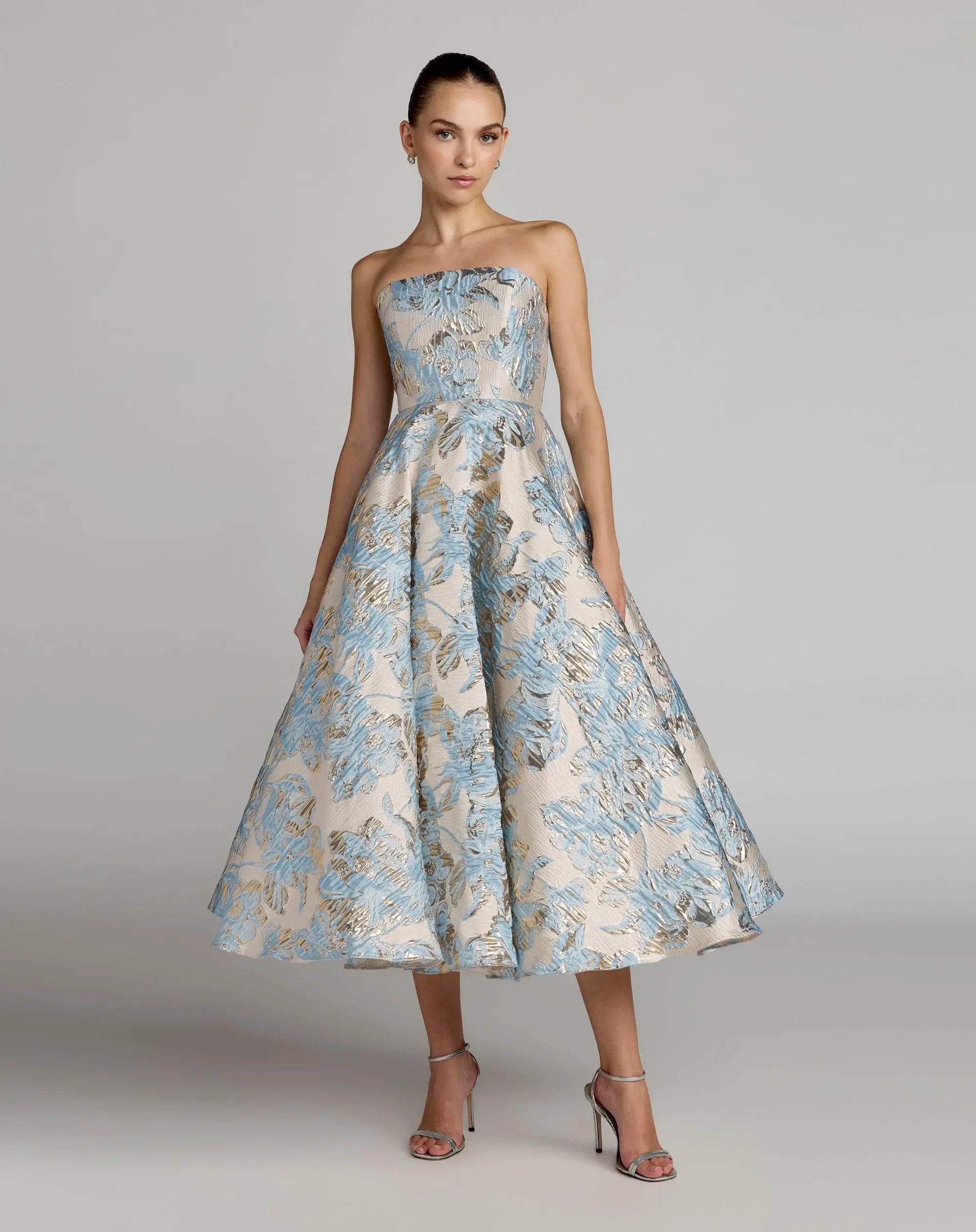 Blue Strapless Brocade A-Line Midi Dress With Pockets | Mac Duggal Blue Strapless Brocade A-Line Midi Dress With Pockets | Mac Duggal