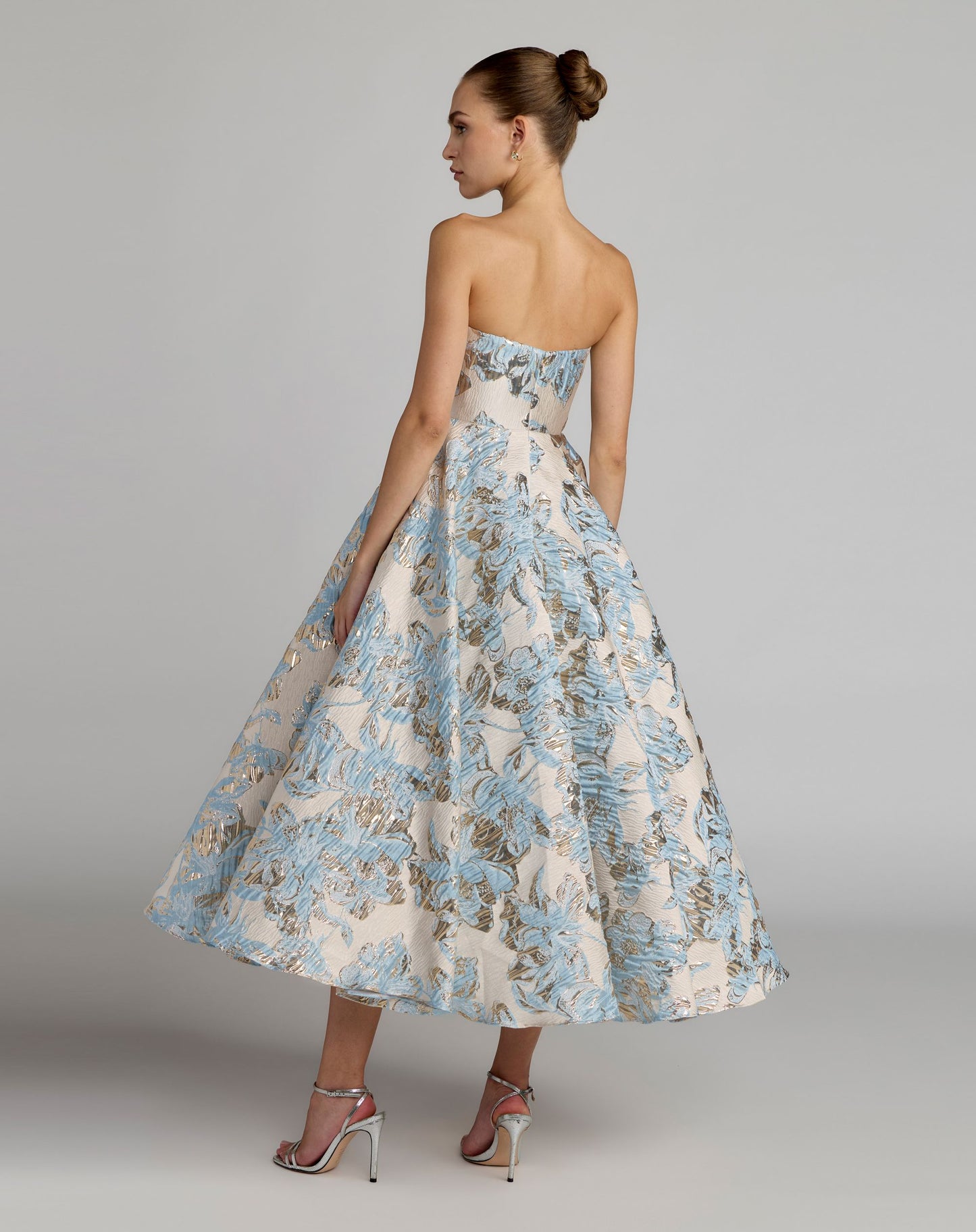 Blue Strapless Brocade A-Line Midi Dress With Pockets