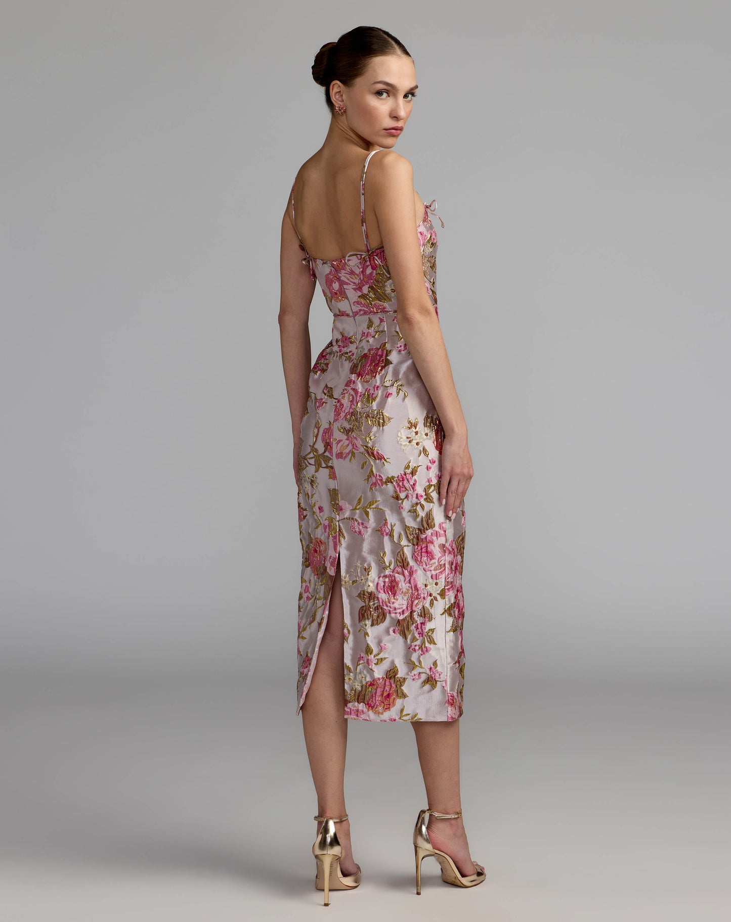 Light Pink Floral Brocade Bow Strap Midi Dress - Mac Duggal