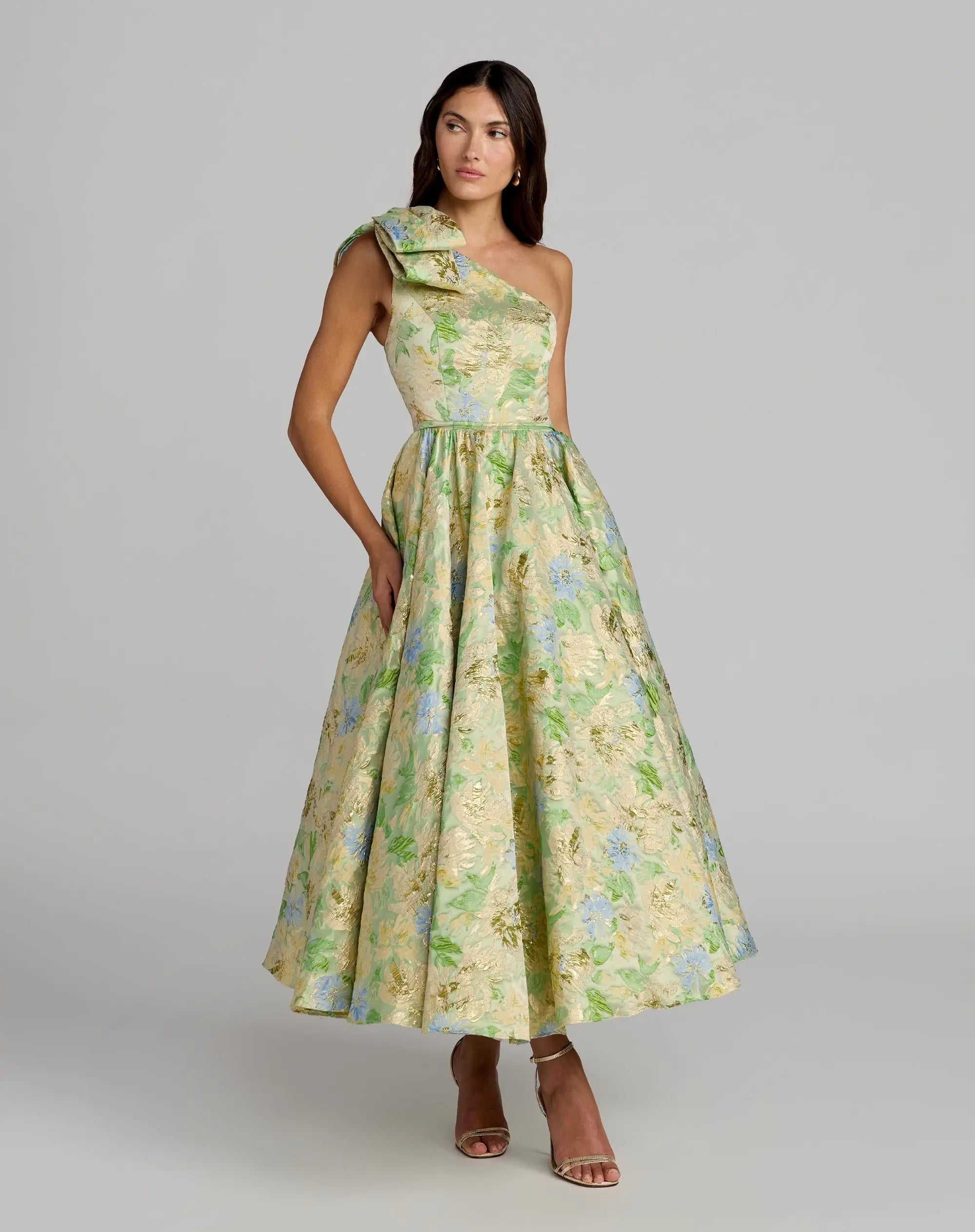 mac duggal one-shoulder bow floral brocade a-line maxi dress Green One Shoulder Midi With Detail Color:Black and Red Model is wearing Magenta style_mock neckline 23 Types of Dresses