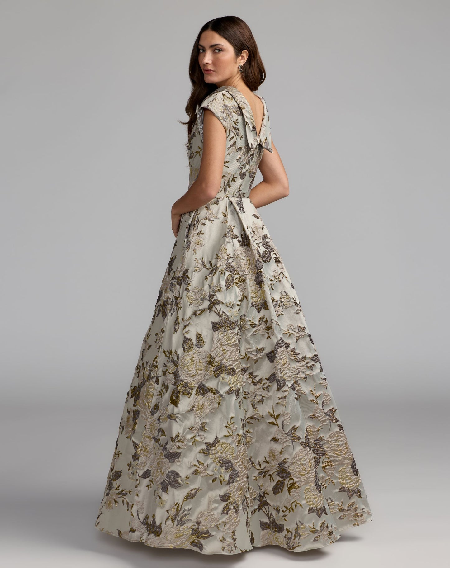 Silver Brocade Collared Cap Sleeve Pleated Ballgown - Mac Duggal