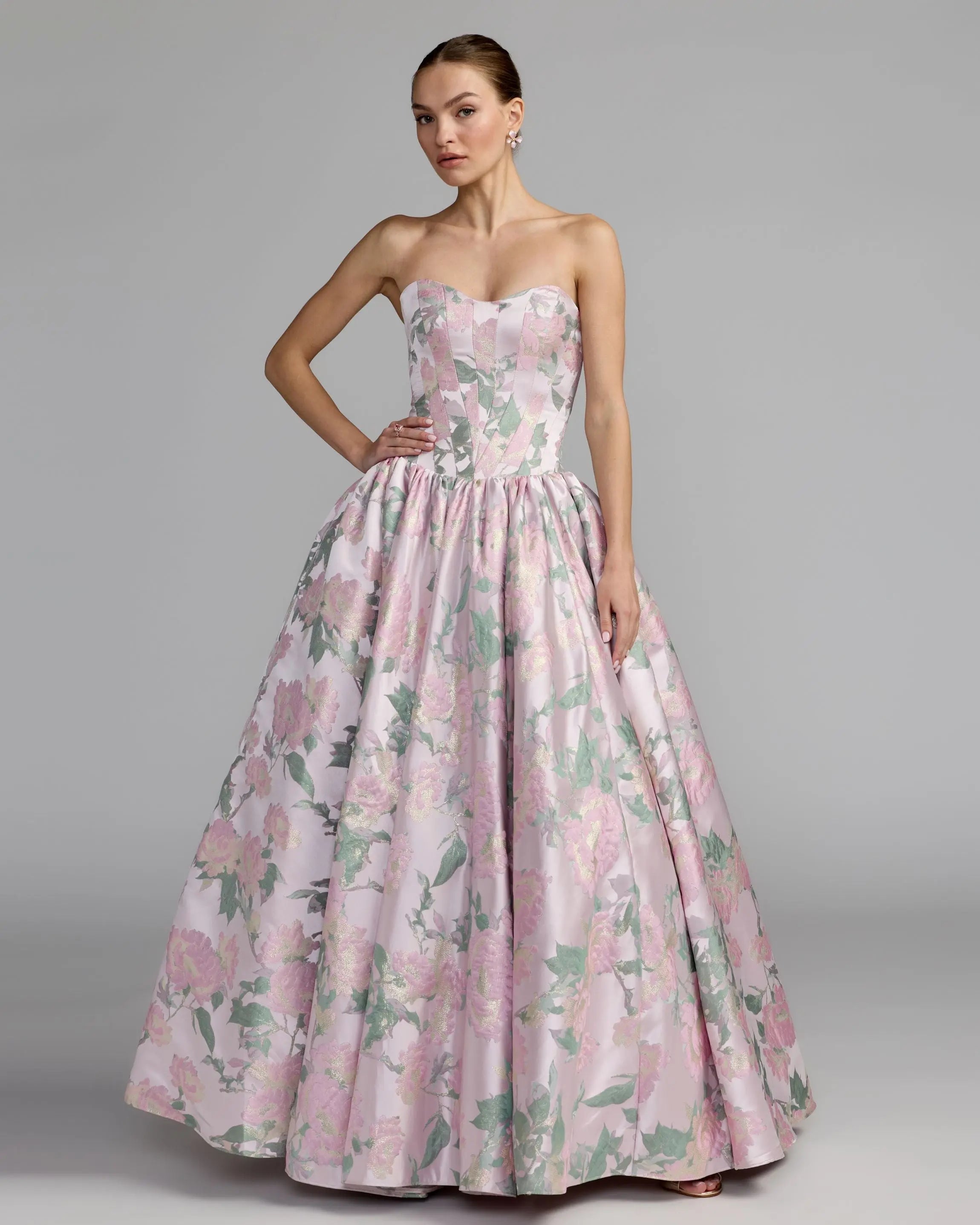Pink Floral Strapless Ball Gown With Pockets | Mac Duggal Pink Floral Strapless Ball Gown With Pockets | Mac Duggal