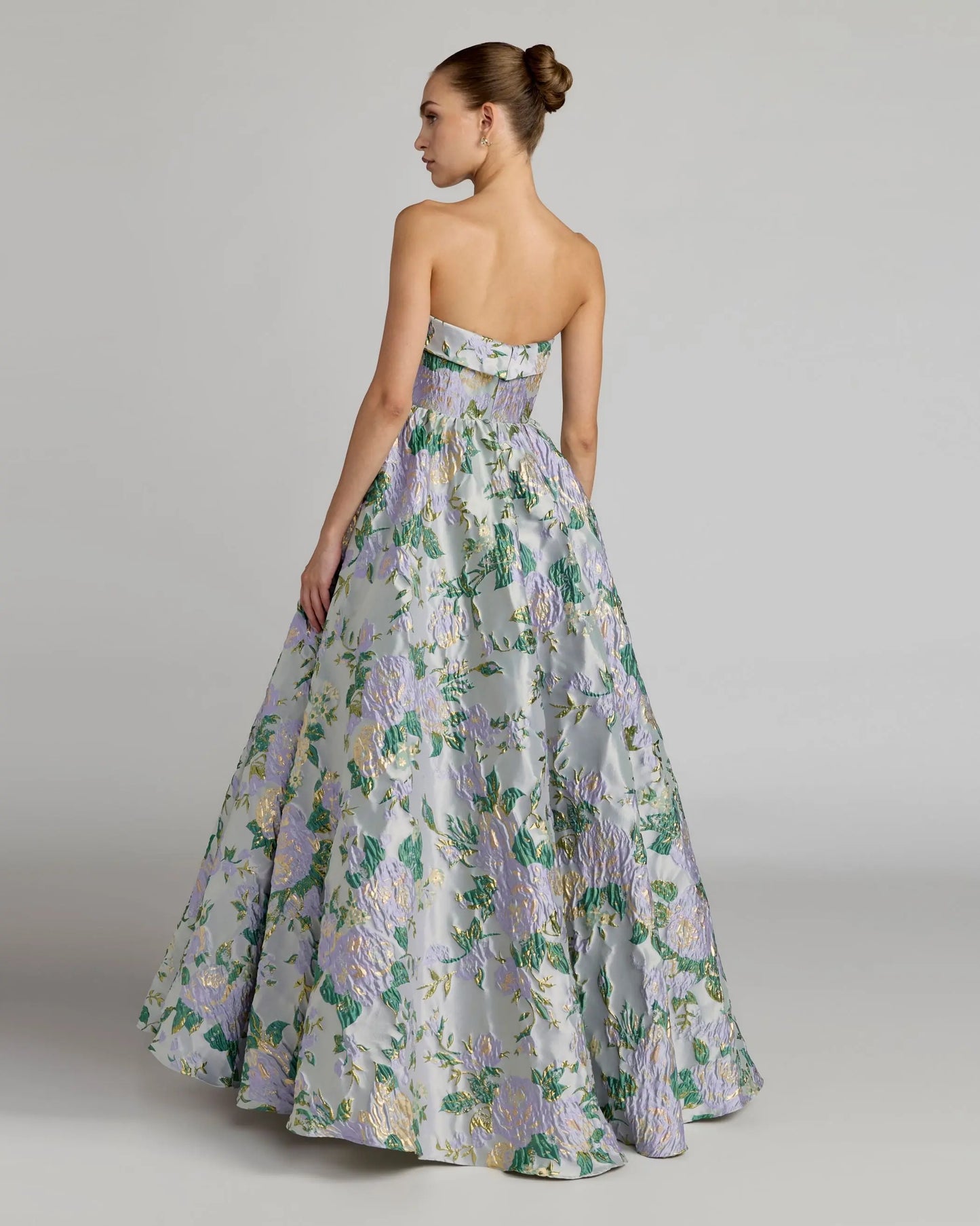 Blue Multicolor Floral Strapless Brocade Ball Gown Mac Duggal