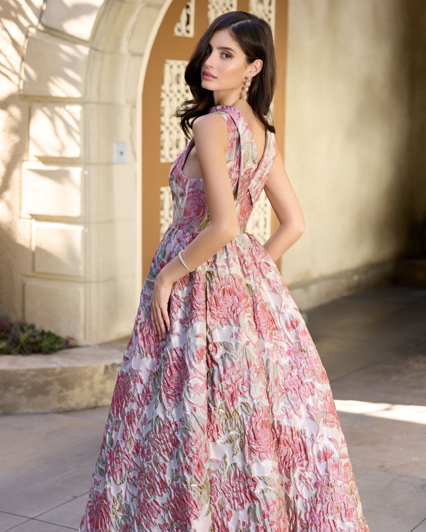 Pink Brocade Sleeveless V-Back Ball Gown - Mac Duggal