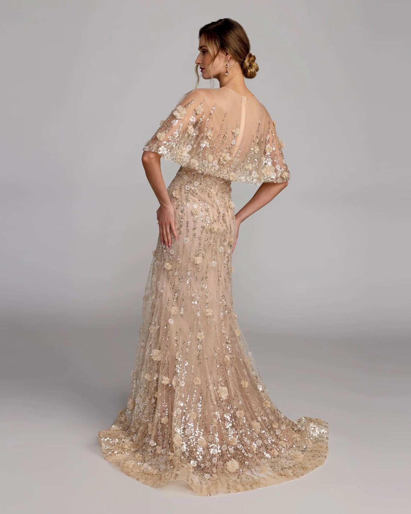 Beige Embellished Cape Sleeve Gown - Mac Duggal
