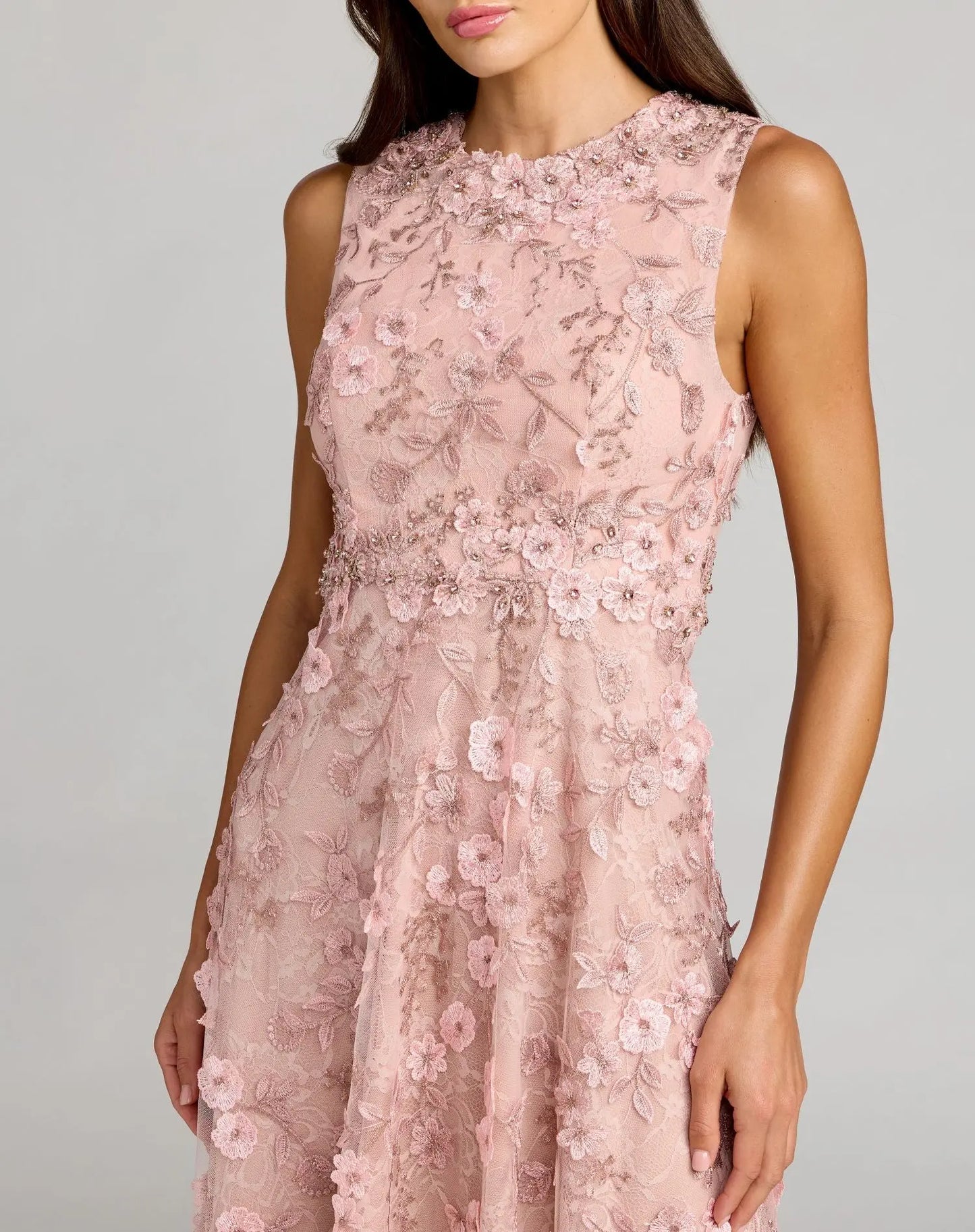 Pink Floral Embroidered High Neck Midi Dress - Mac Duggal