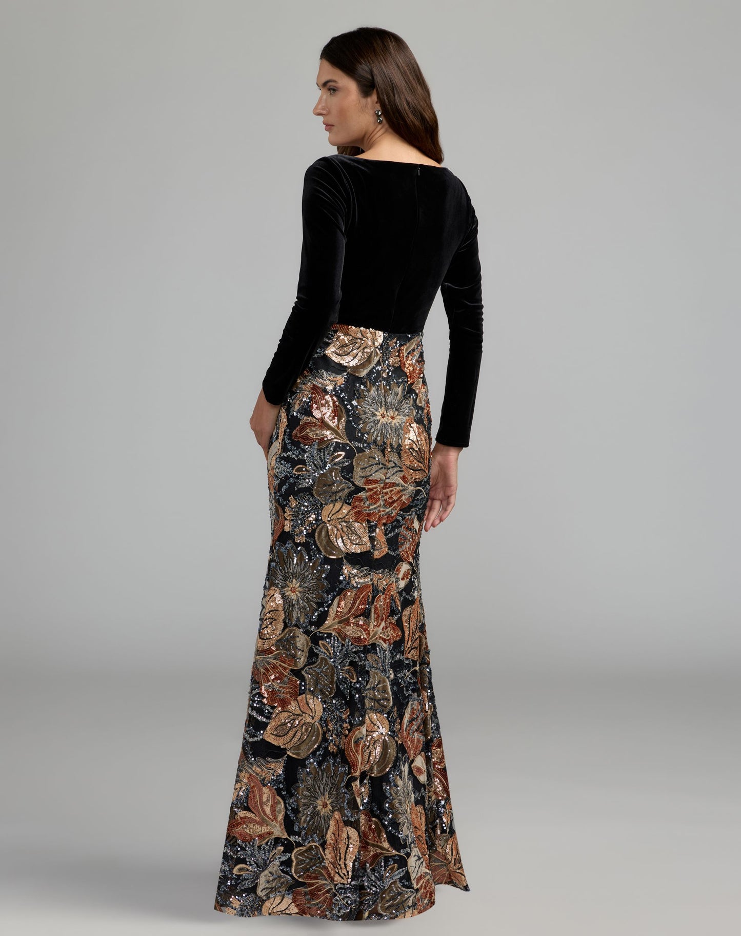 Black Long Sleeve Floral Embellished Velvet Gown - Mac Duggal