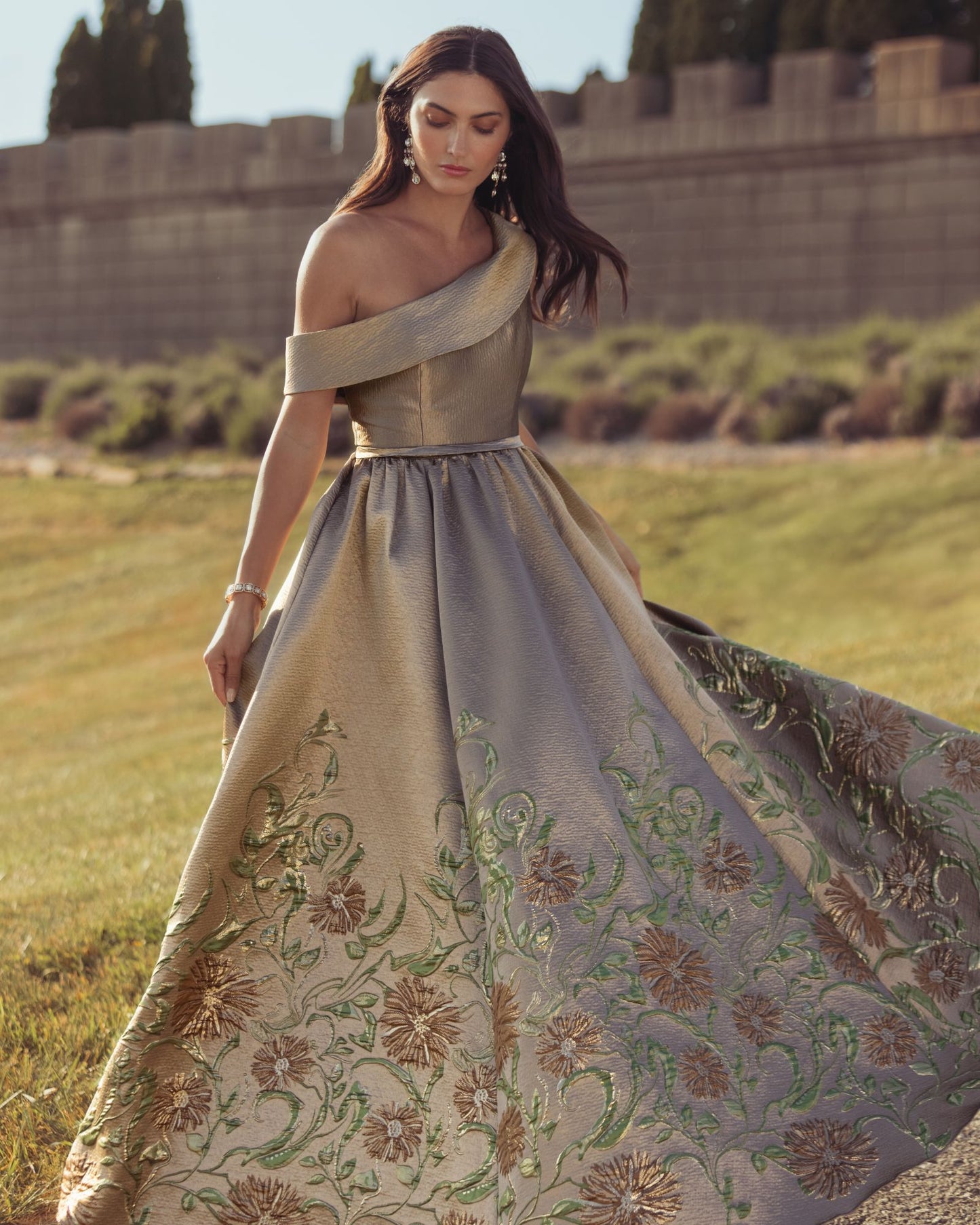 Beige Floral Off The Shoulder Ballgown - Mac Duggal