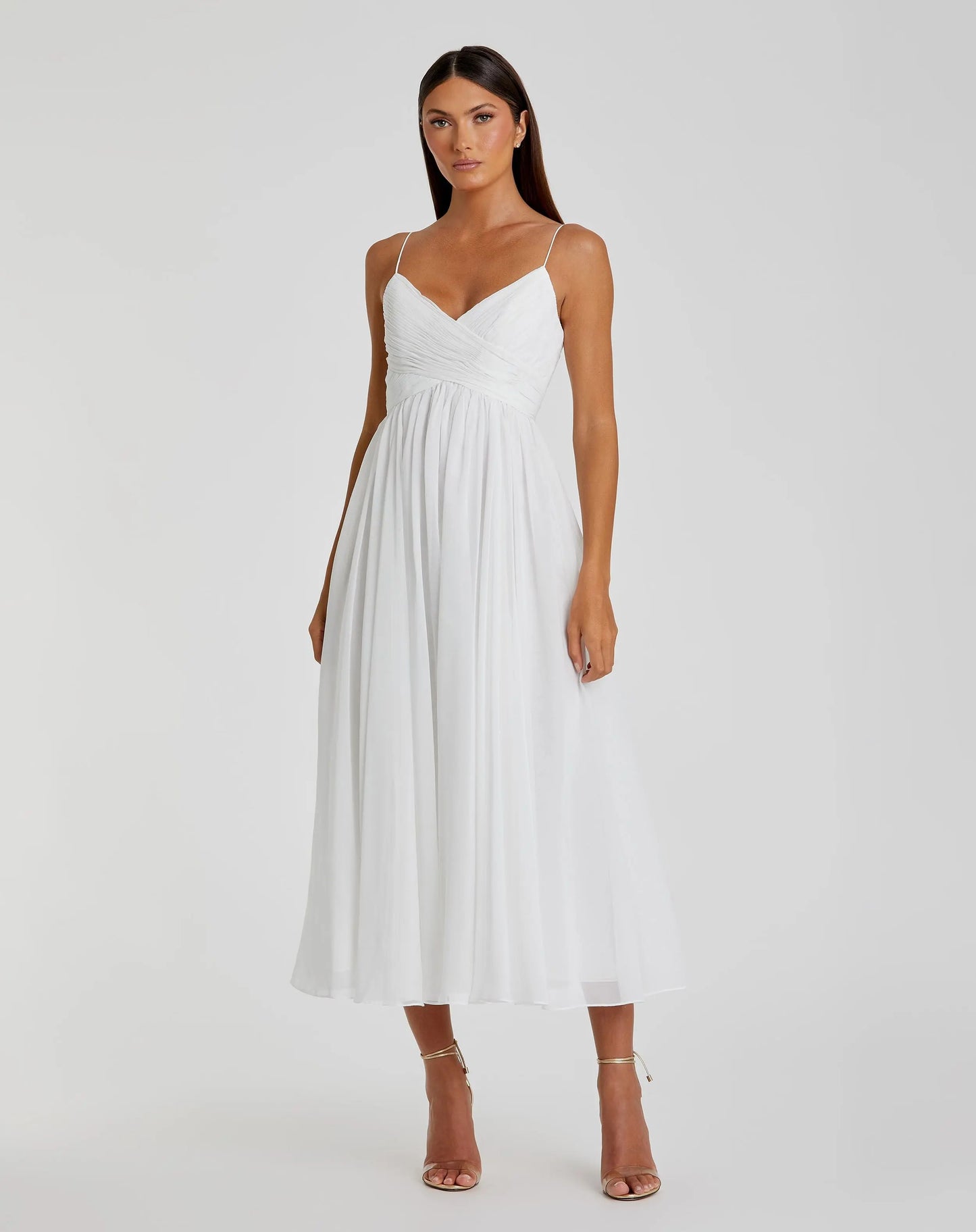 White Faux Wrap Sleeveless Flowy Midi Dress - Mac Duggal