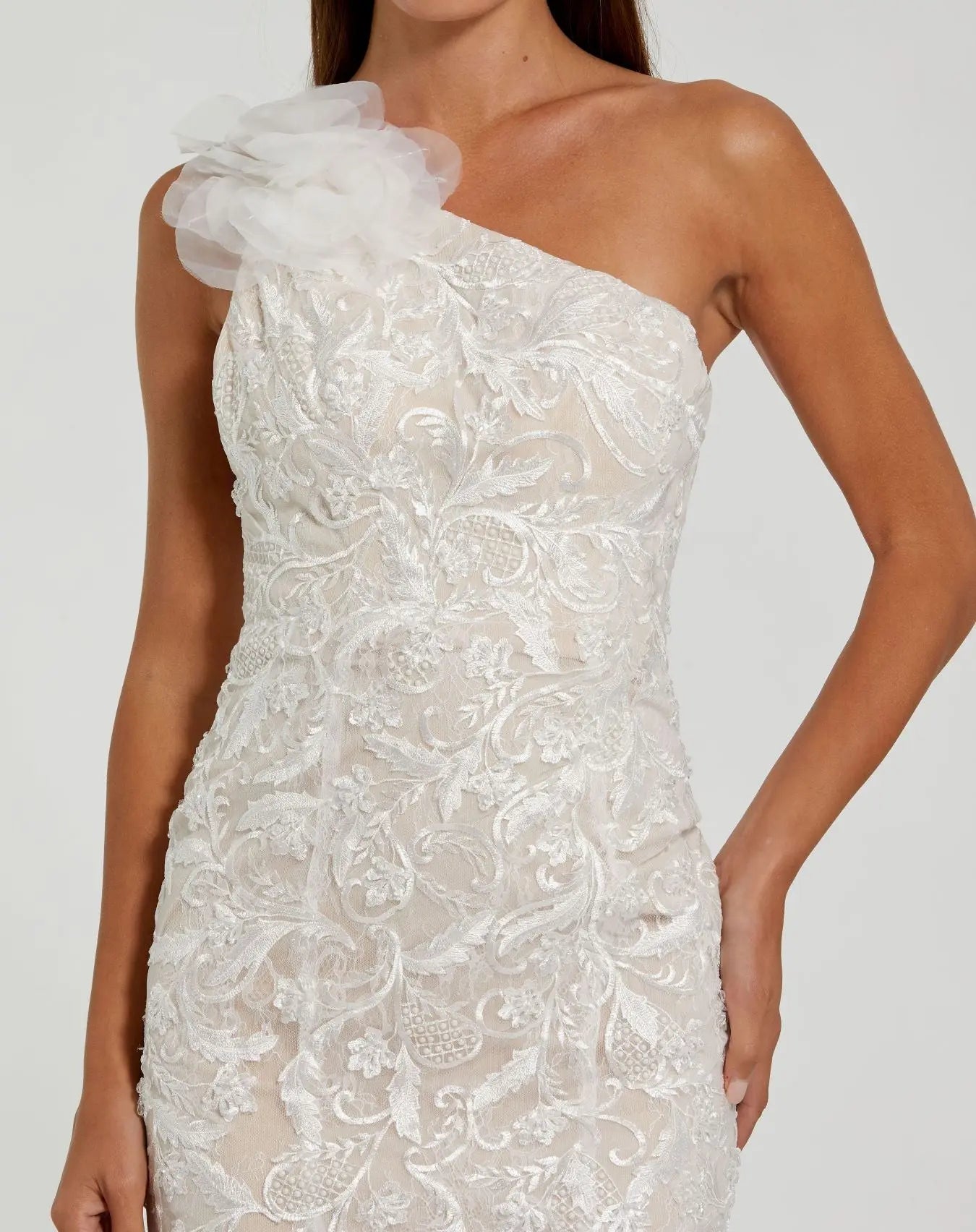 White Beaded Strappy One Shoulder Petal Mermaid Gown - Mac Duggal