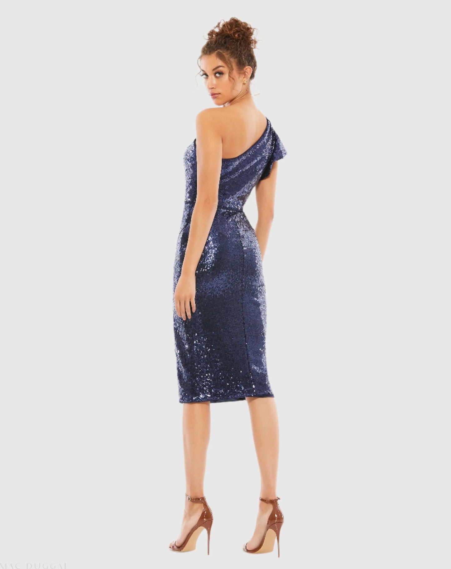 Navy Sequined Flutter One Shoulder Fitted Midi Dress - Mac Duggal