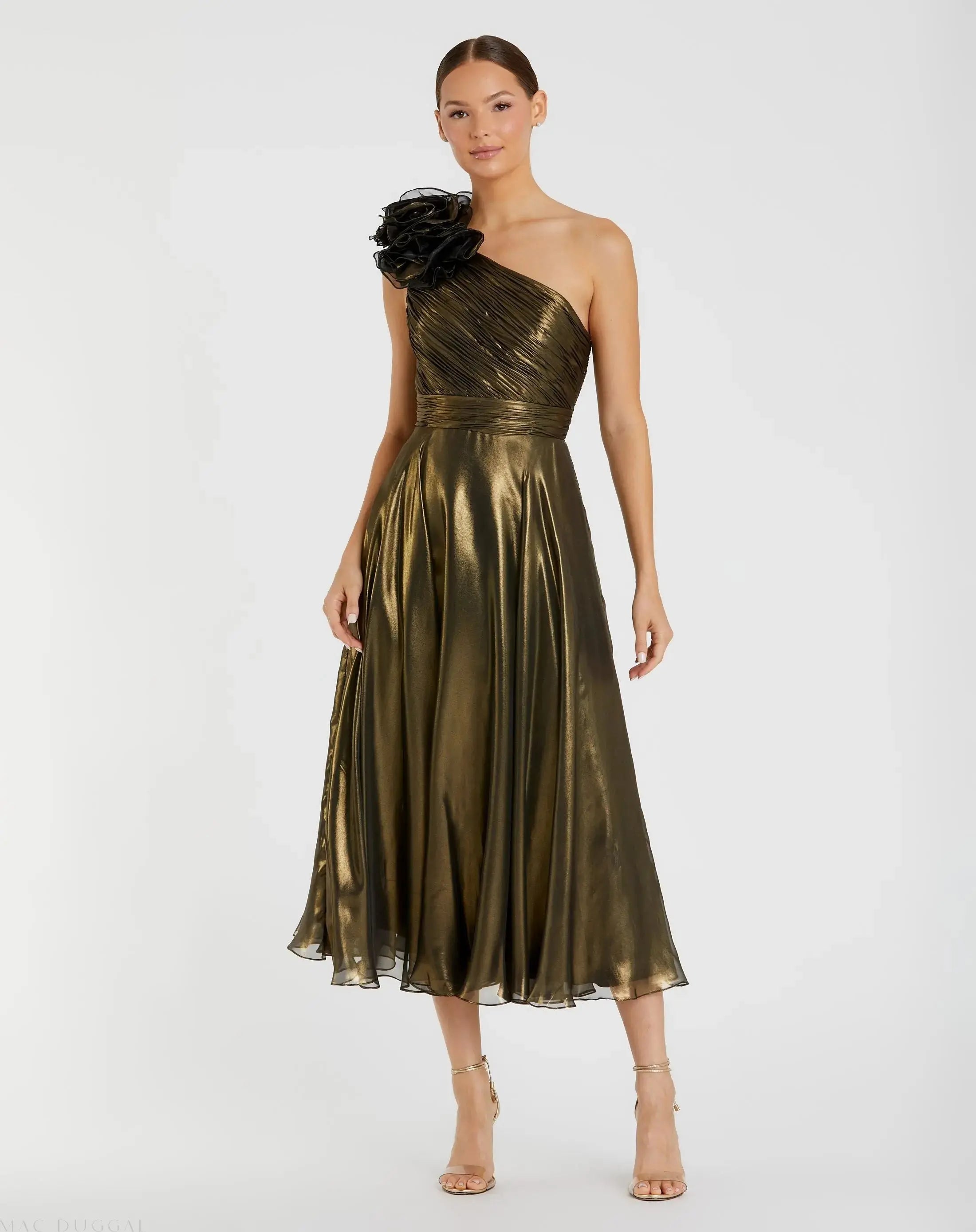 Mac Duggal - Gold Rosette One Shoulder Tea Length Dress - US 14 Mac Duggal - Gold Rosette One Shoulder Tea Length Dress - US 14