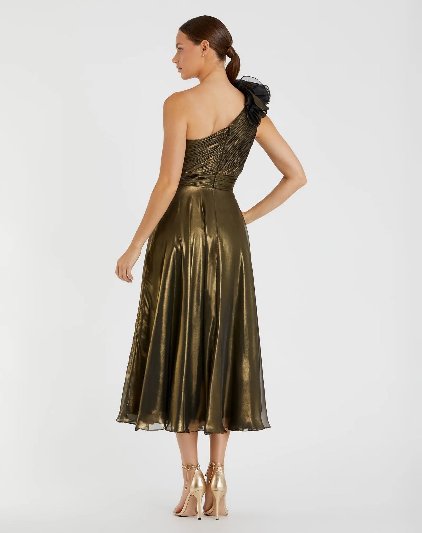 Gold Rosette One Shoulder Tea Length Dress - Mac Duggal