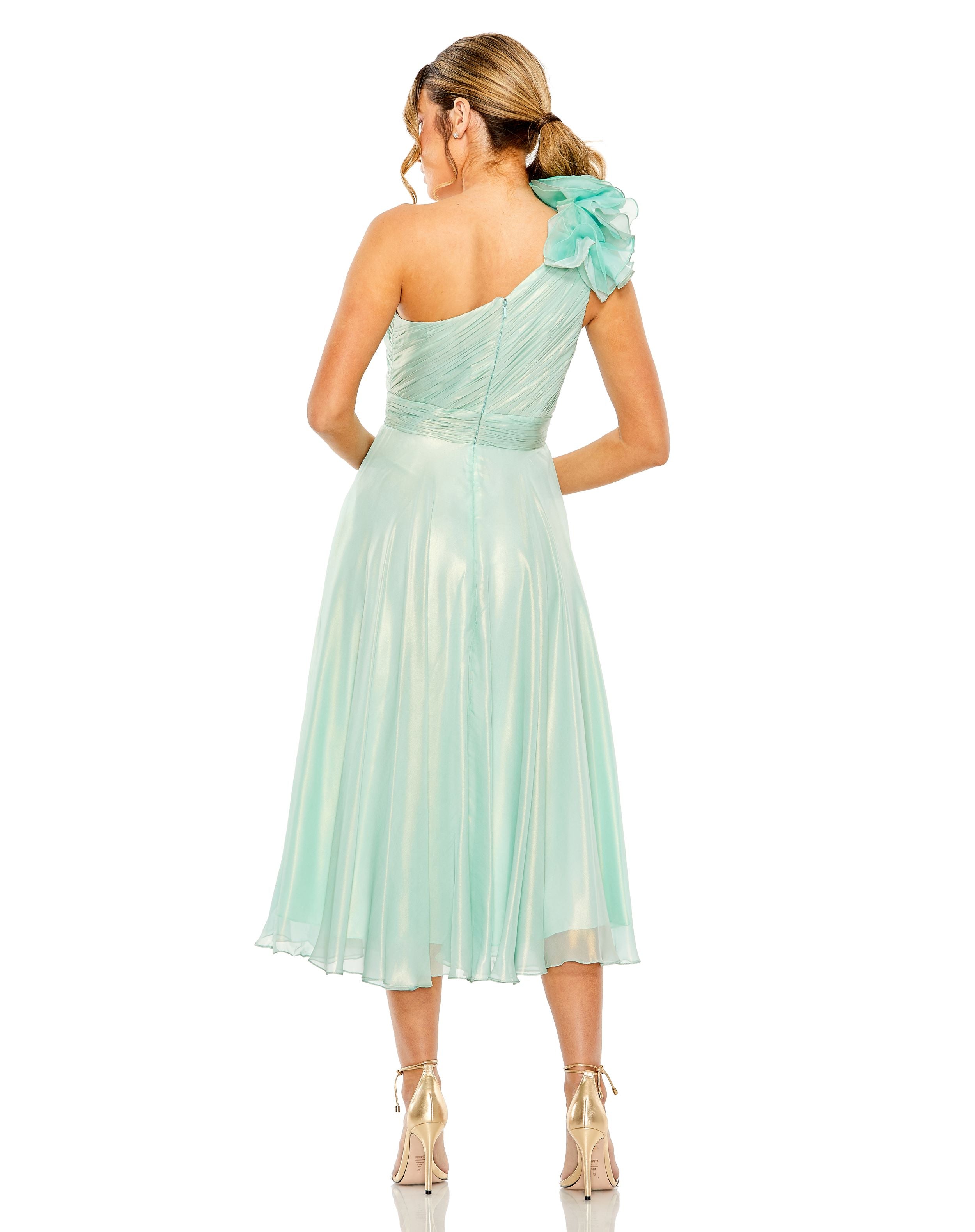 Rosette One Shoulder Tea Length Dress