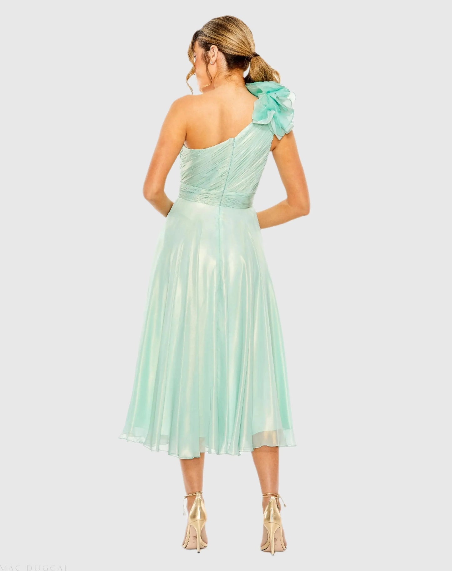 Green Rosette One Shoulder Tea Length Dress - Mac Duggal