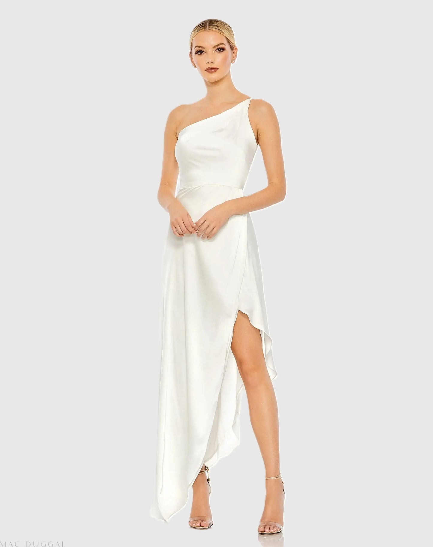White One Shoulder Hi-Low Draped Charmeuse Dress - FINAL SALE Ieena for Mac Duggal
