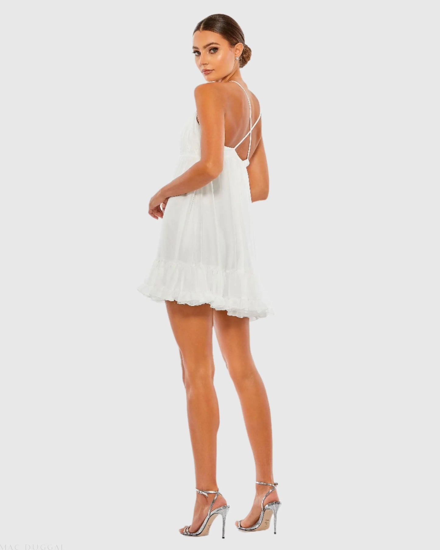 White Ruffle V-Neck Criss-Cross Mini Dress - Ieena for Mac Duggal