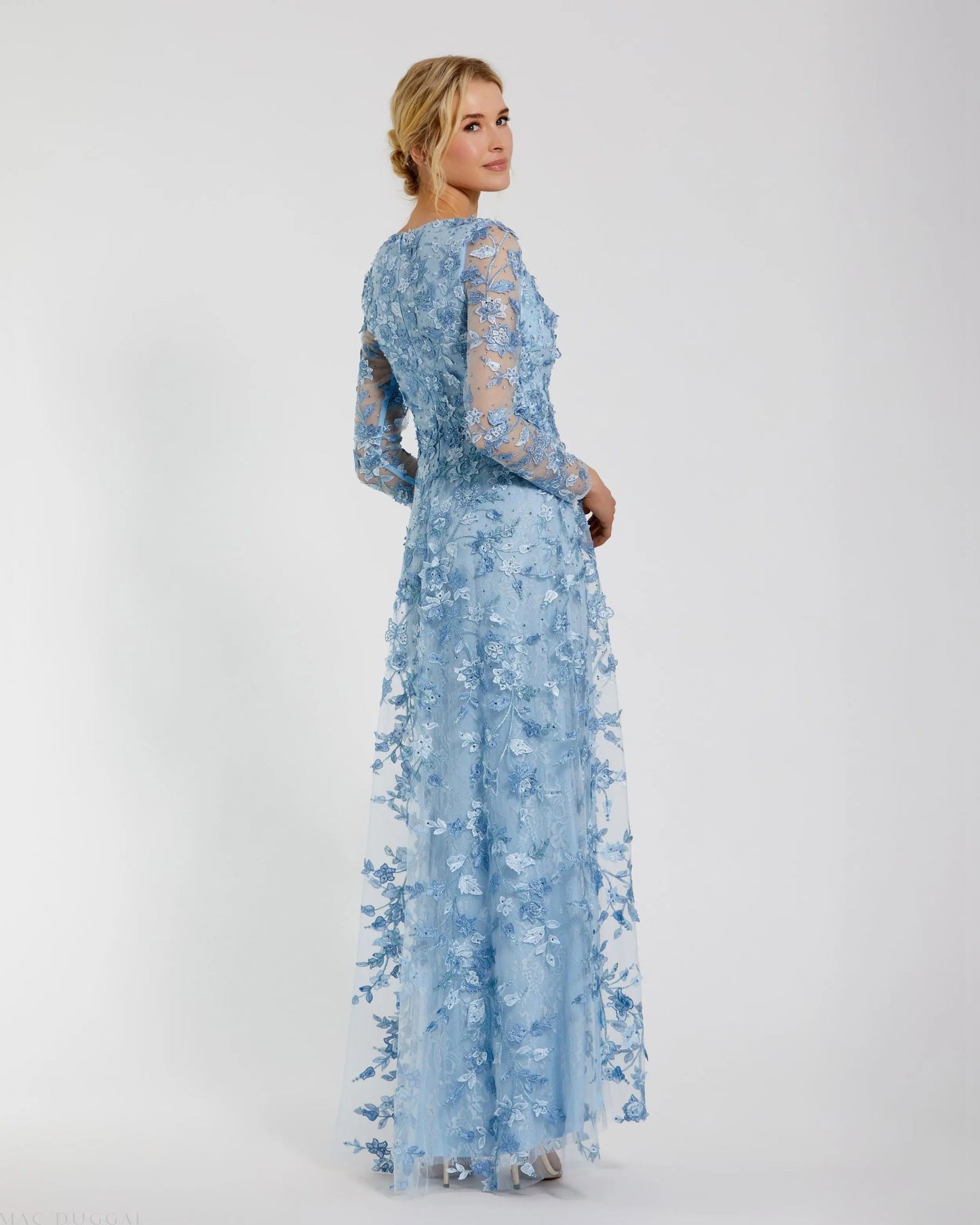 Blue Floral Applique Long Sleeve Illusion Gown - Mac Duggal