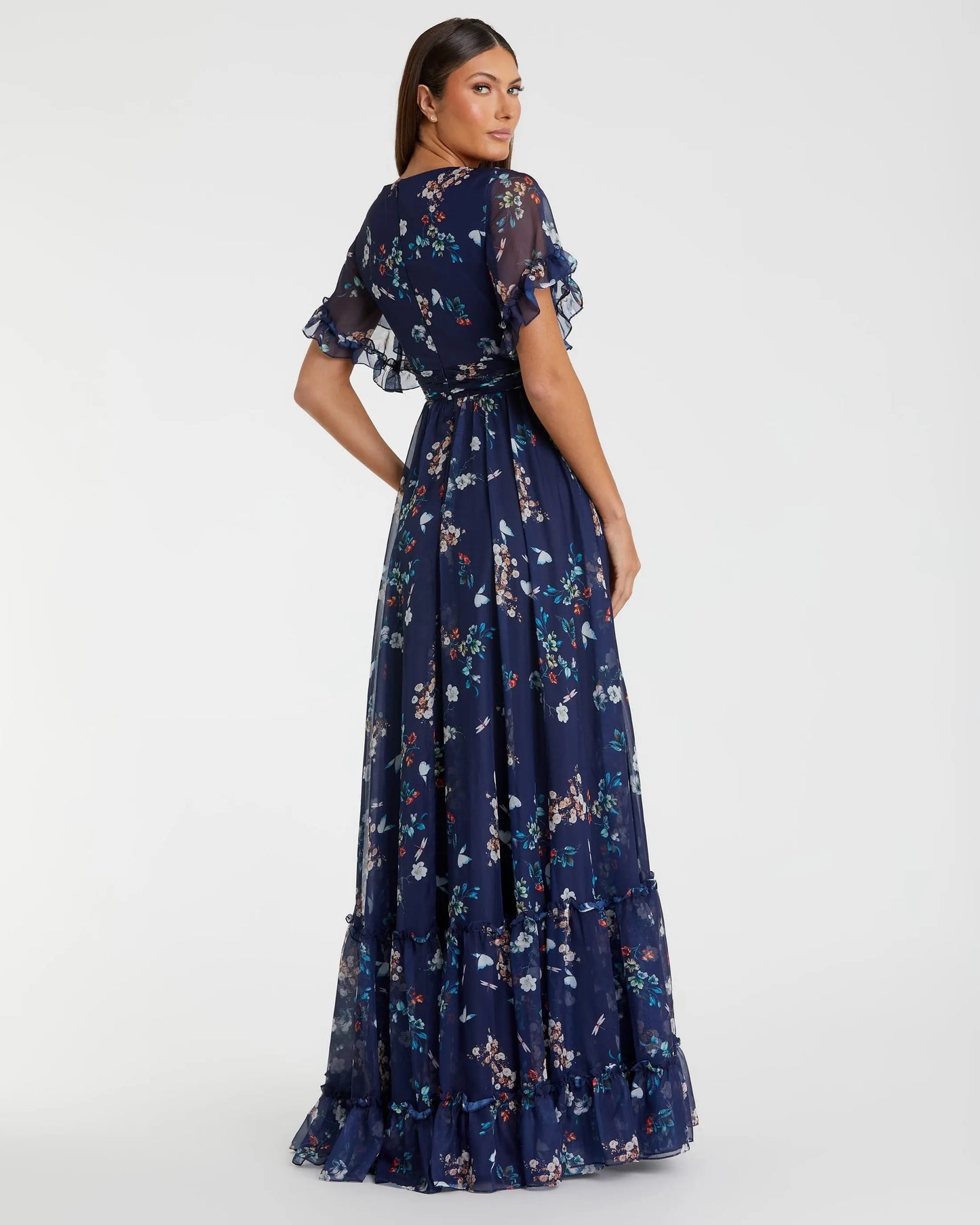 Navy Multicolor Flounce Sleeve Floral Maxi Dress - Mac Duggal