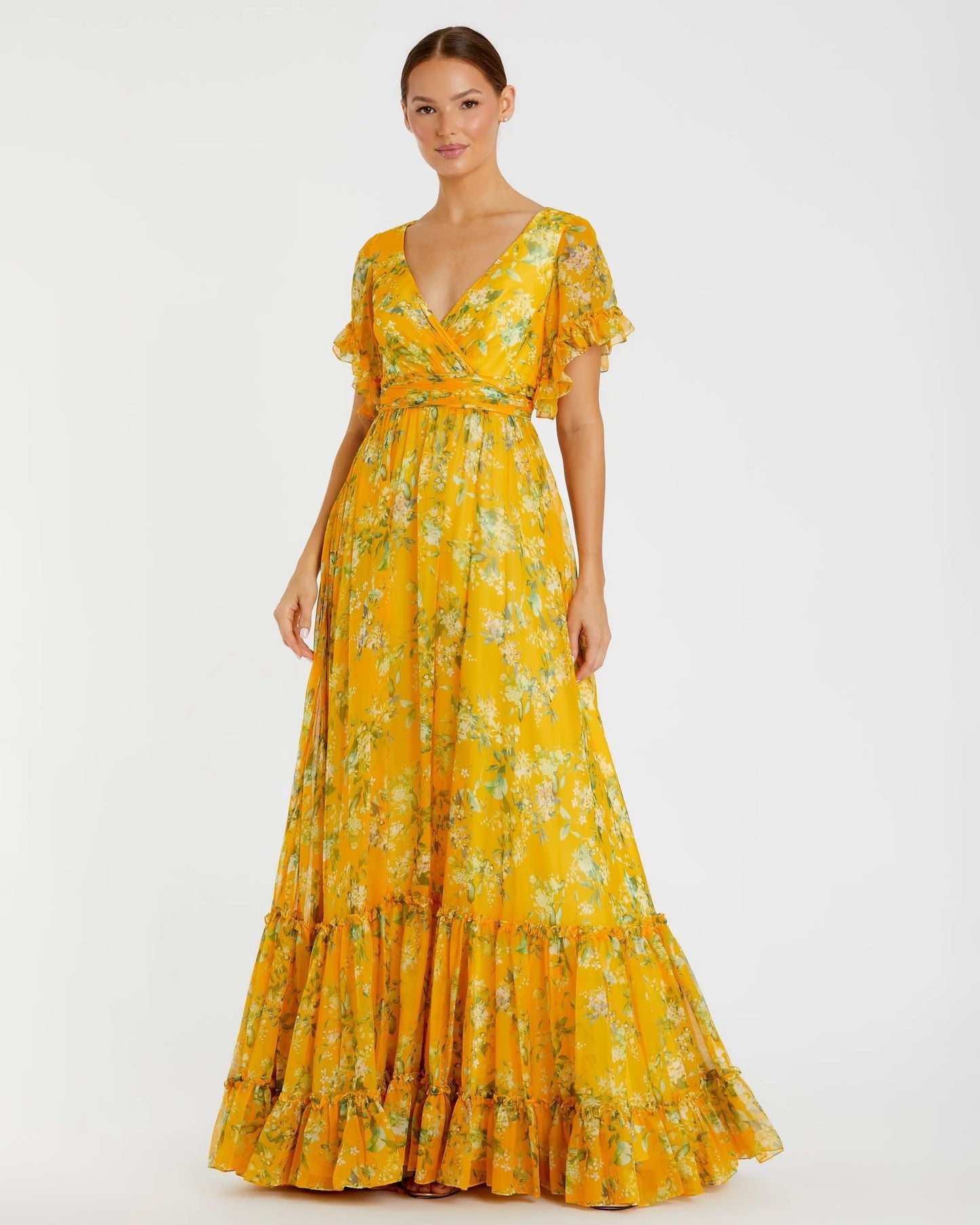 Yellow Multicolor Flounce Sleeve Floral Maxi Dress - Mac Duggal