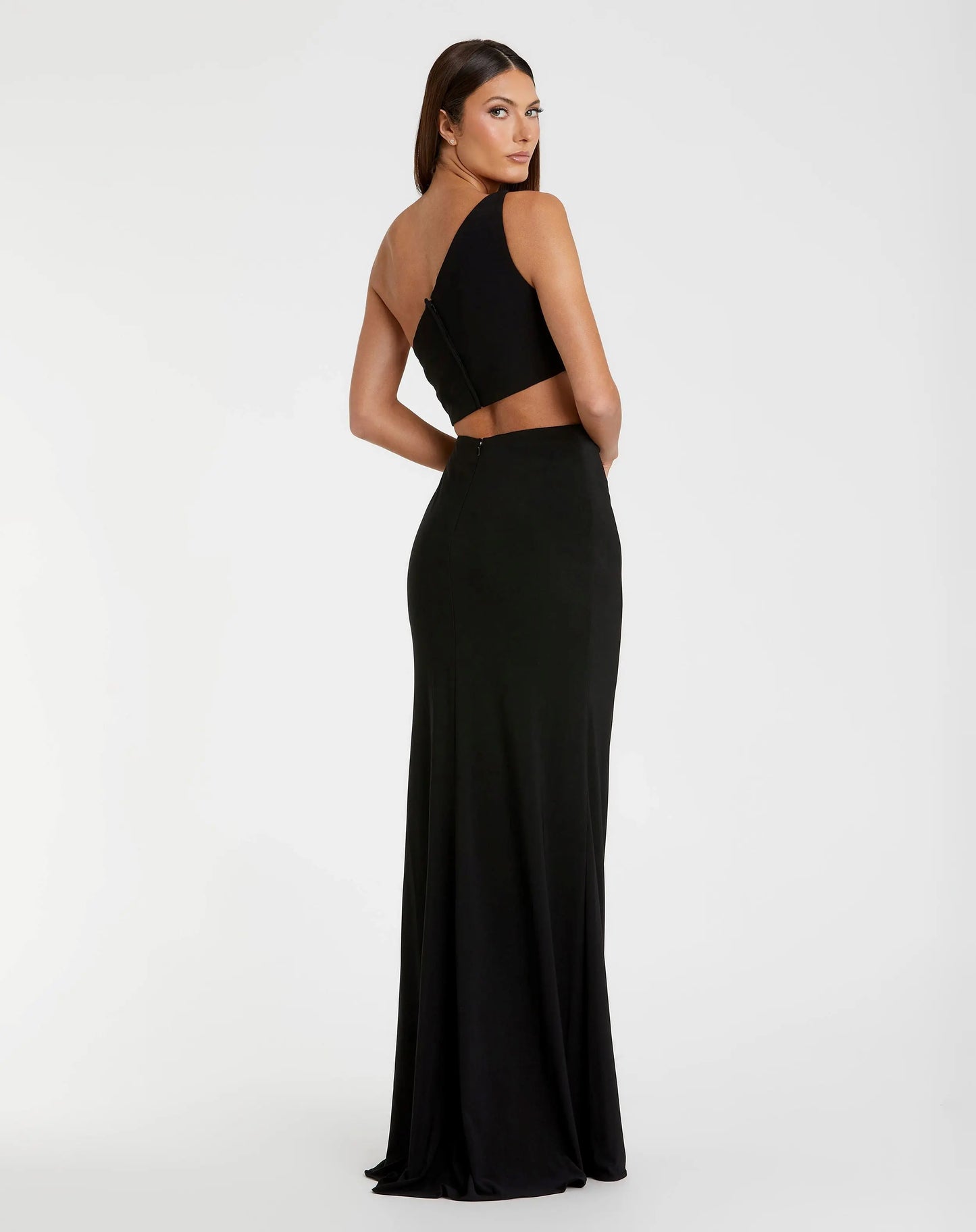 Black One Shoulder Ruched Cut Out Jersey Gown - FINAL SALE - Ieena for Mac Duggal