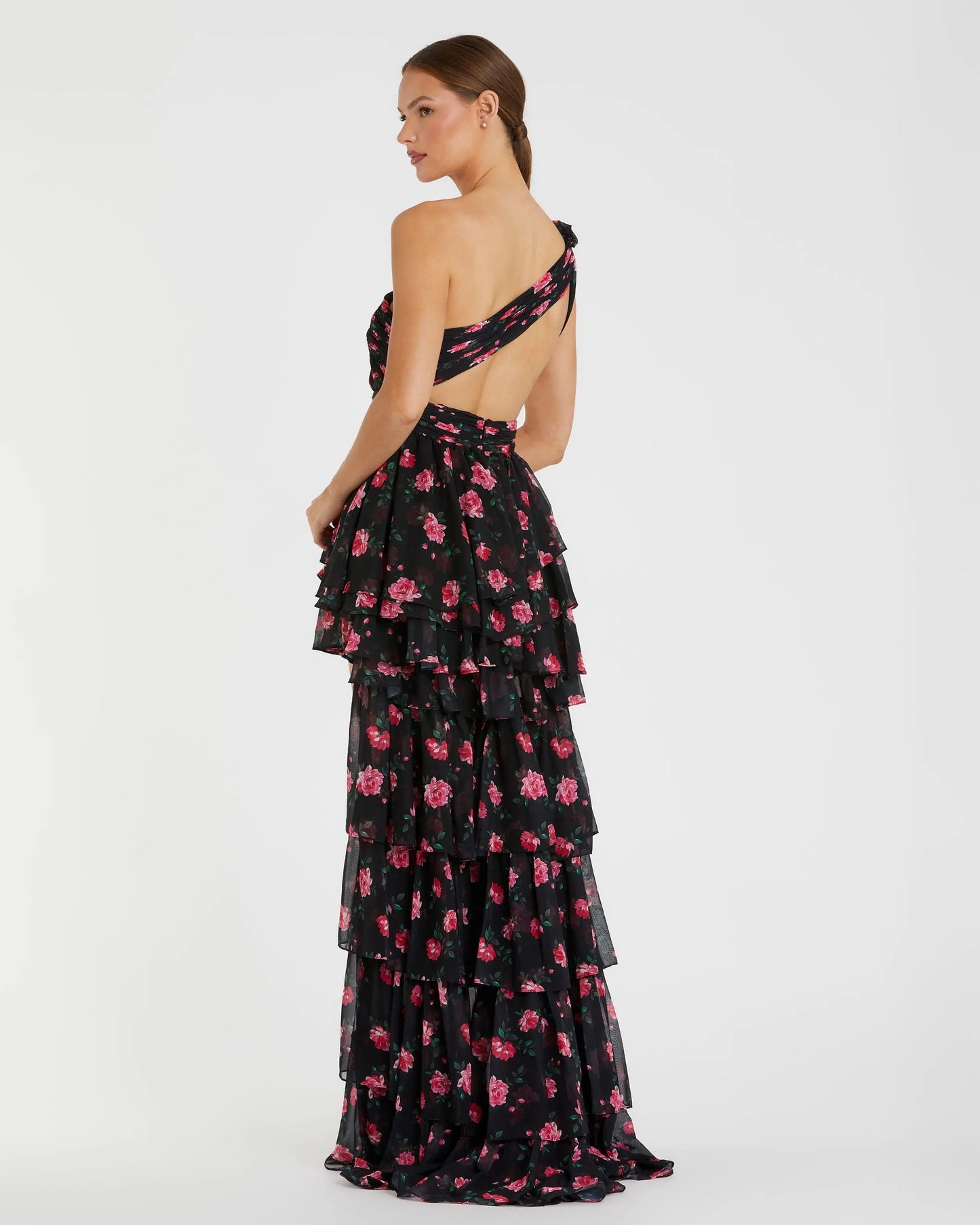 Black One Shoulder Ruffled Rose Print Layered High-Low Dress - Ieena for Mac Duggal