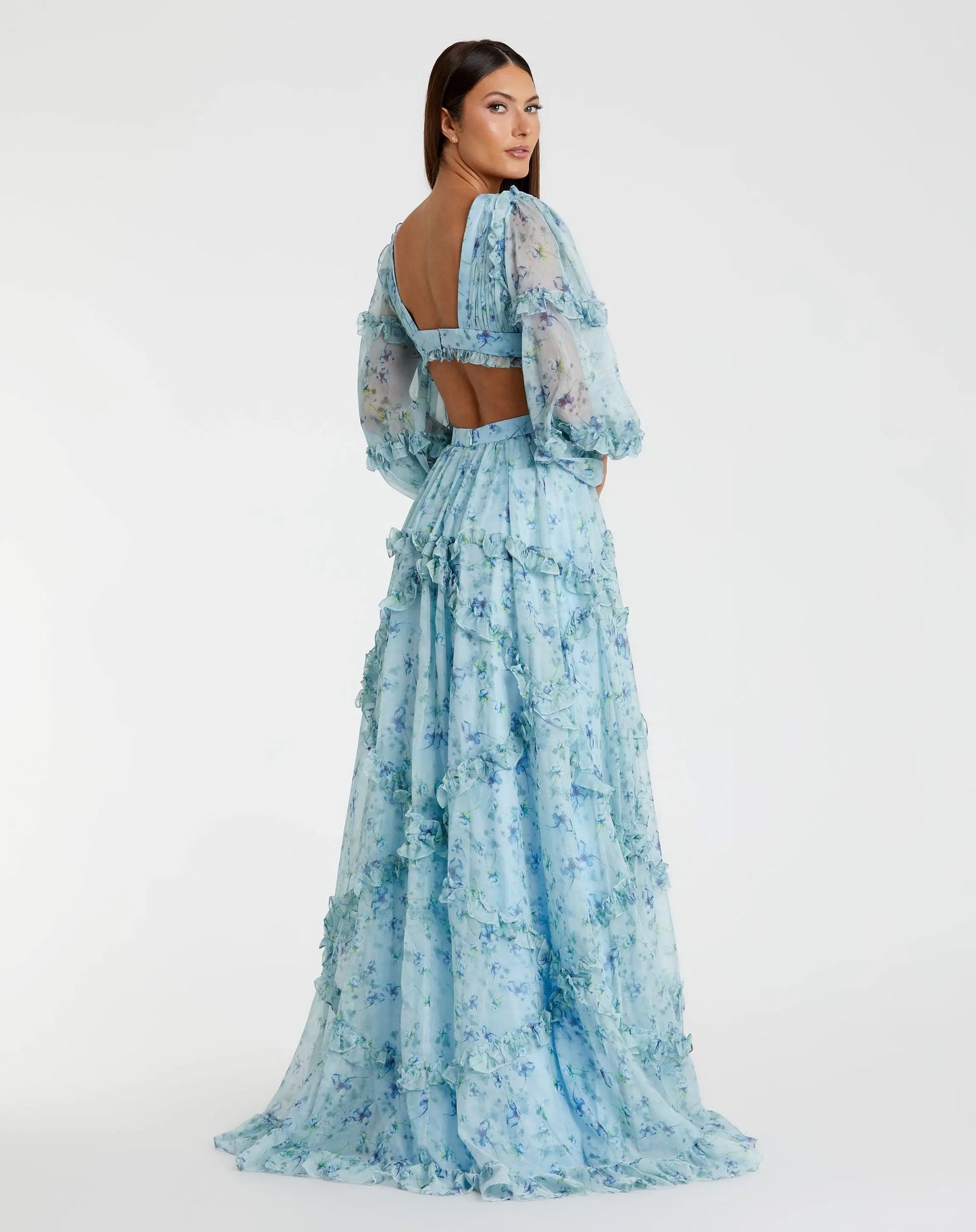 Blue Ruffle Tiered Floral Cutout Long Sleeve Gown - Ieena for Mac Duggal