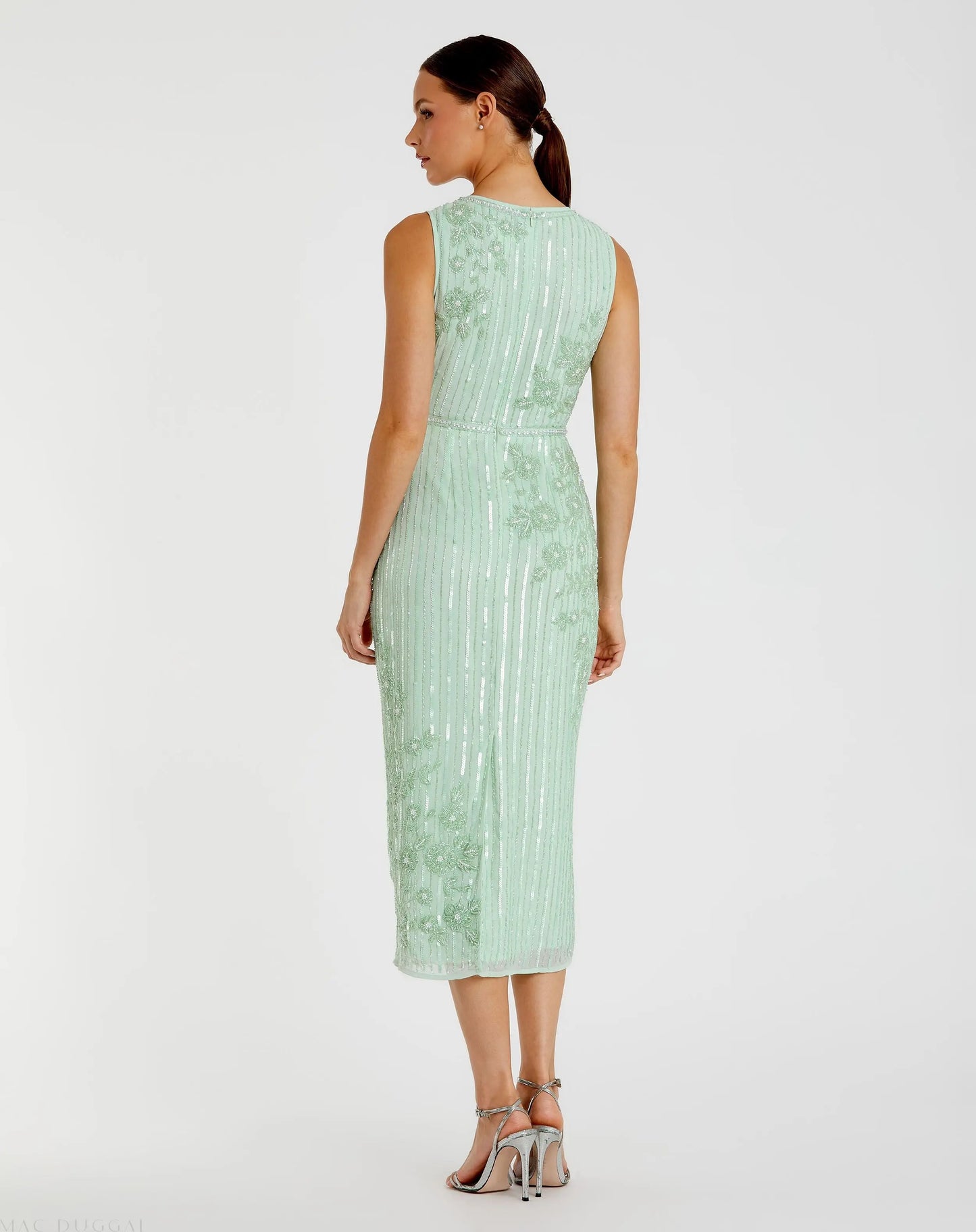 Green Striped Floral Embellished Sleeveless Midi Dress - Mac Duggal