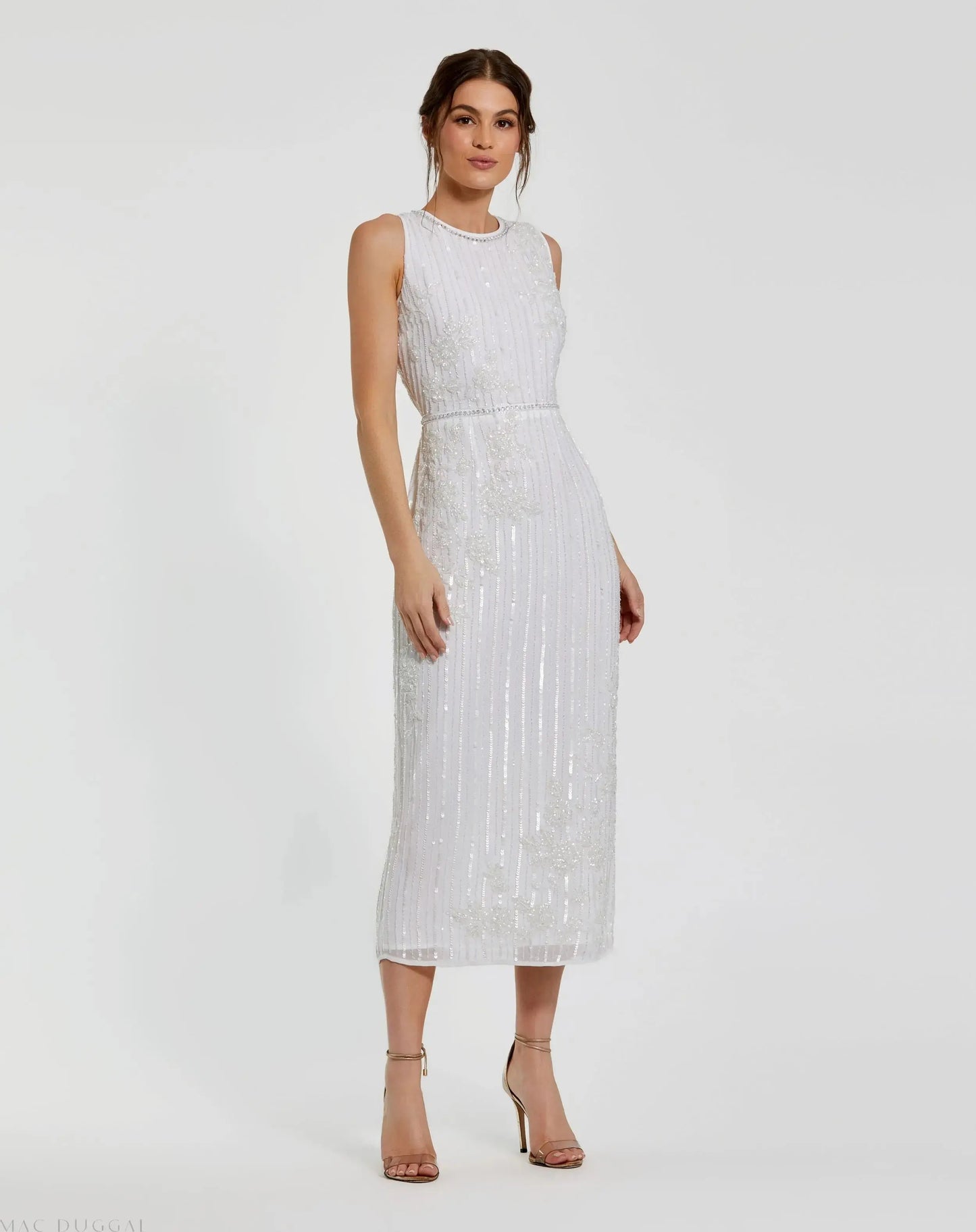 White Striped Floral Embellished Sleeveless Midi Dress - Mac Duggal