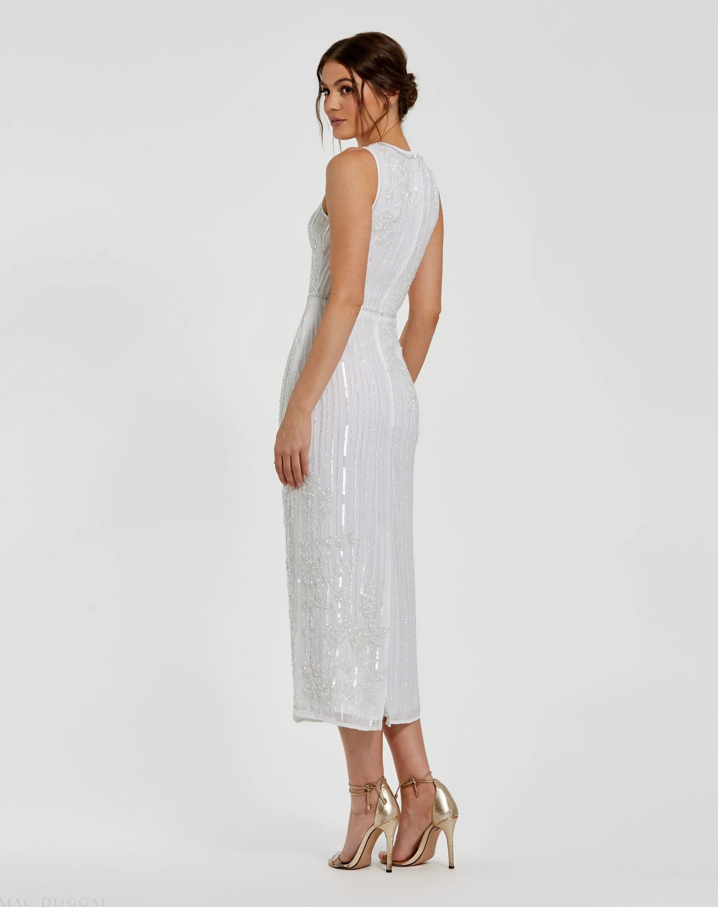 White Striped Floral Embellished Sleeveless Midi Dress - Mac Duggal