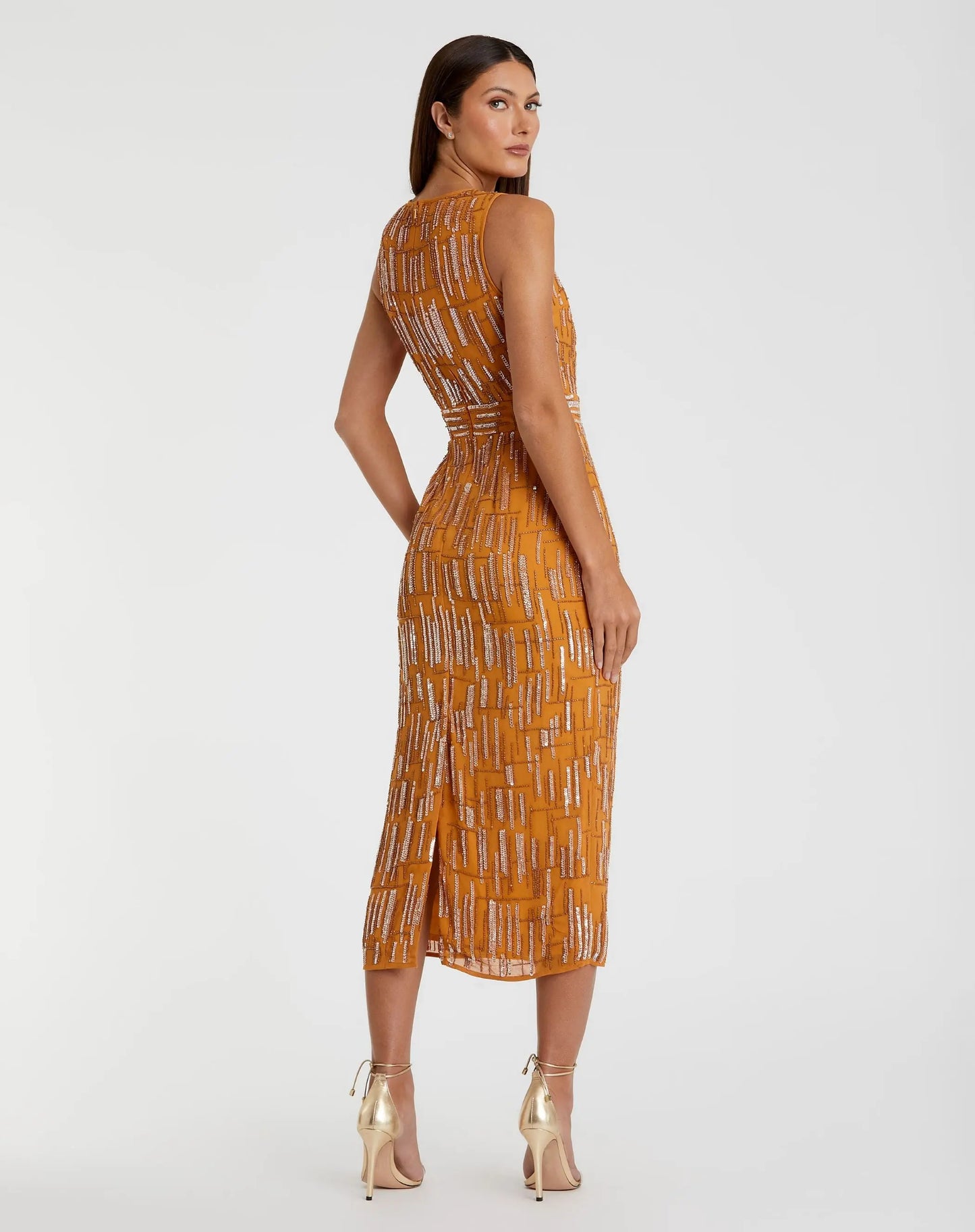Orange Abstract Beaded Sleeveless Midi Sheath Dress - Mac Duggal