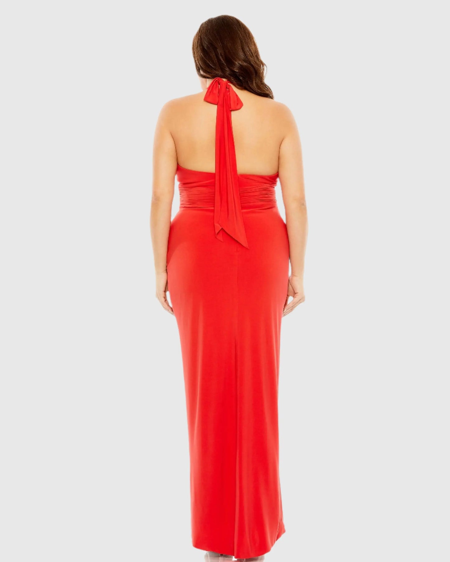 Red Halter Tie Keyhole Detail Gown with Slit (Plus) - FINAL SALE - Mac Duggal