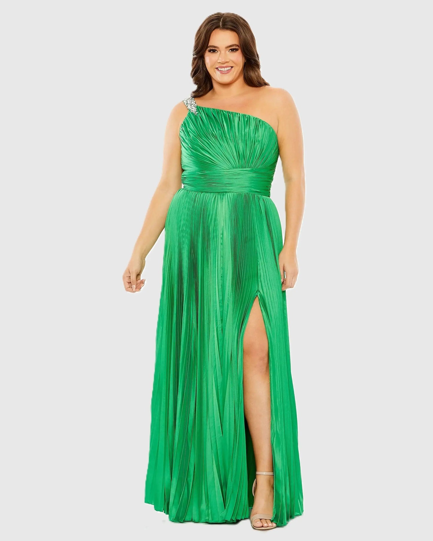 Green One Shoulder Embellished Pleated Sleeveless Gown Mac Duggal