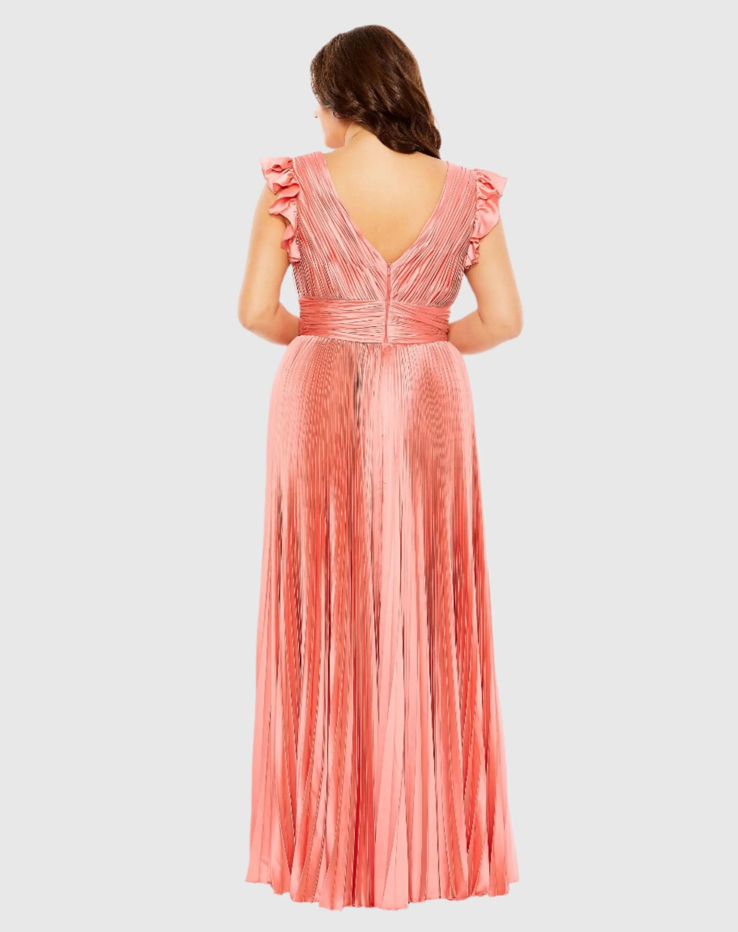 Pink Flutter Sleeve Pleated V-Neck Gown (Plus) - Mac Duggal