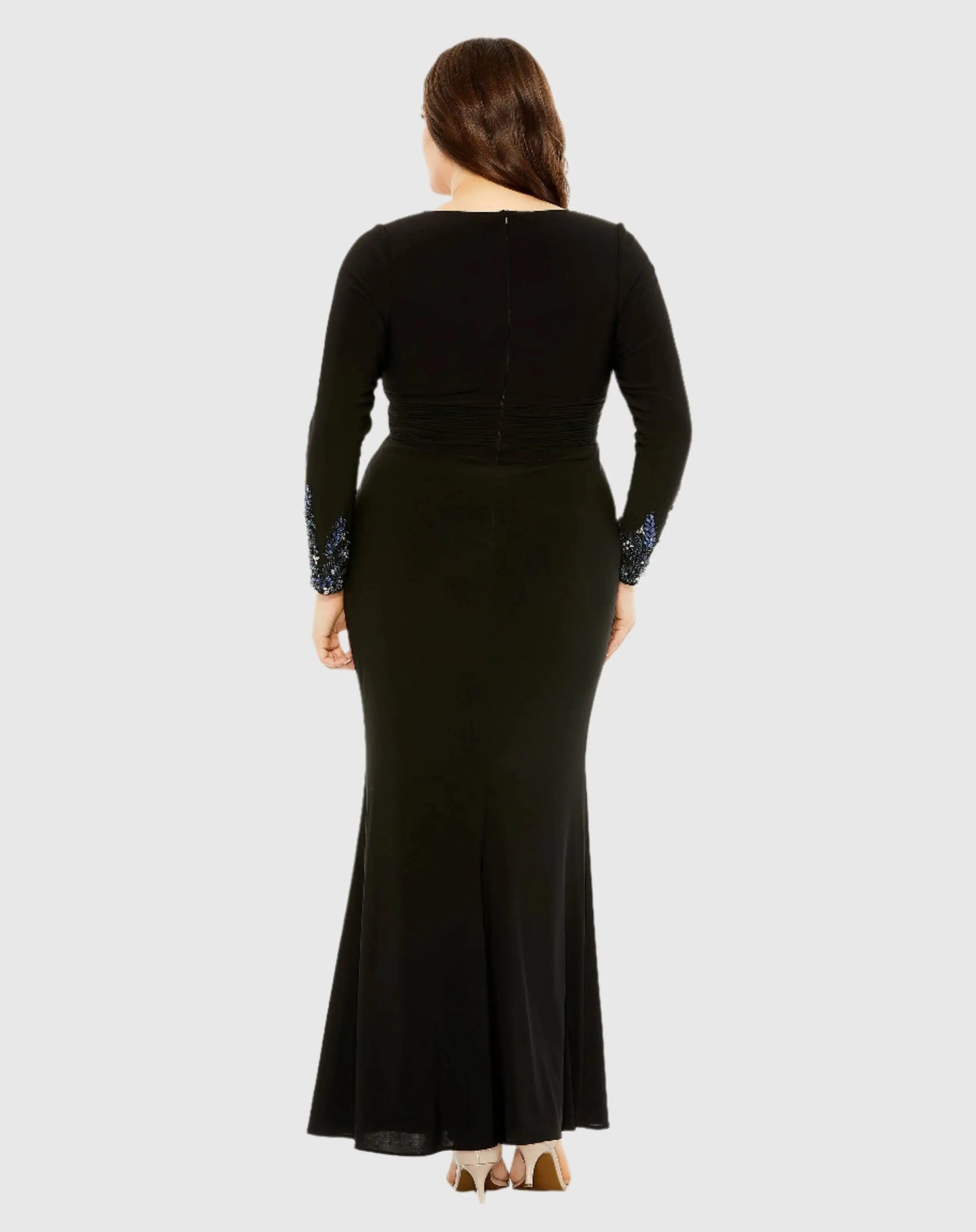 Black Long Crystal Detail Sleeve V Neck Gown - Mac Duggal